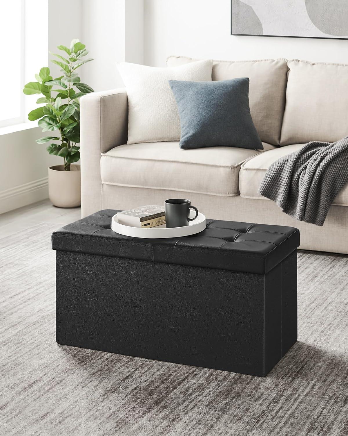 30" Black Faux Leather Folding Storage Ottoman Bench