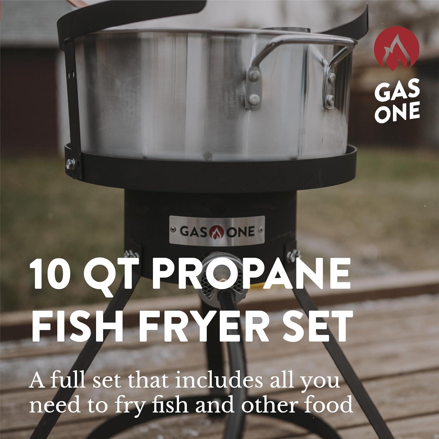 Gas One Propane Deep Fryer with 10Qt Deep Fryer Pot – High Grade Strainer Basket Aluminum Pot for Chicken Wings, Seafood Pot – Propane Burners for Outdoor Cooking Include Thermometer