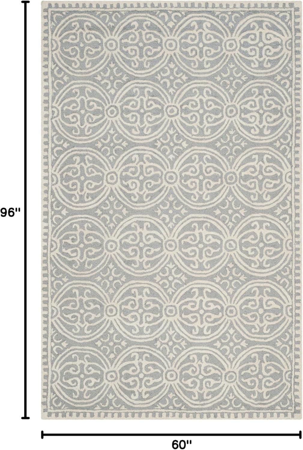 Ivory and Silver Geometric Hand-Tufted Wool Area Rug, 5' x 8'