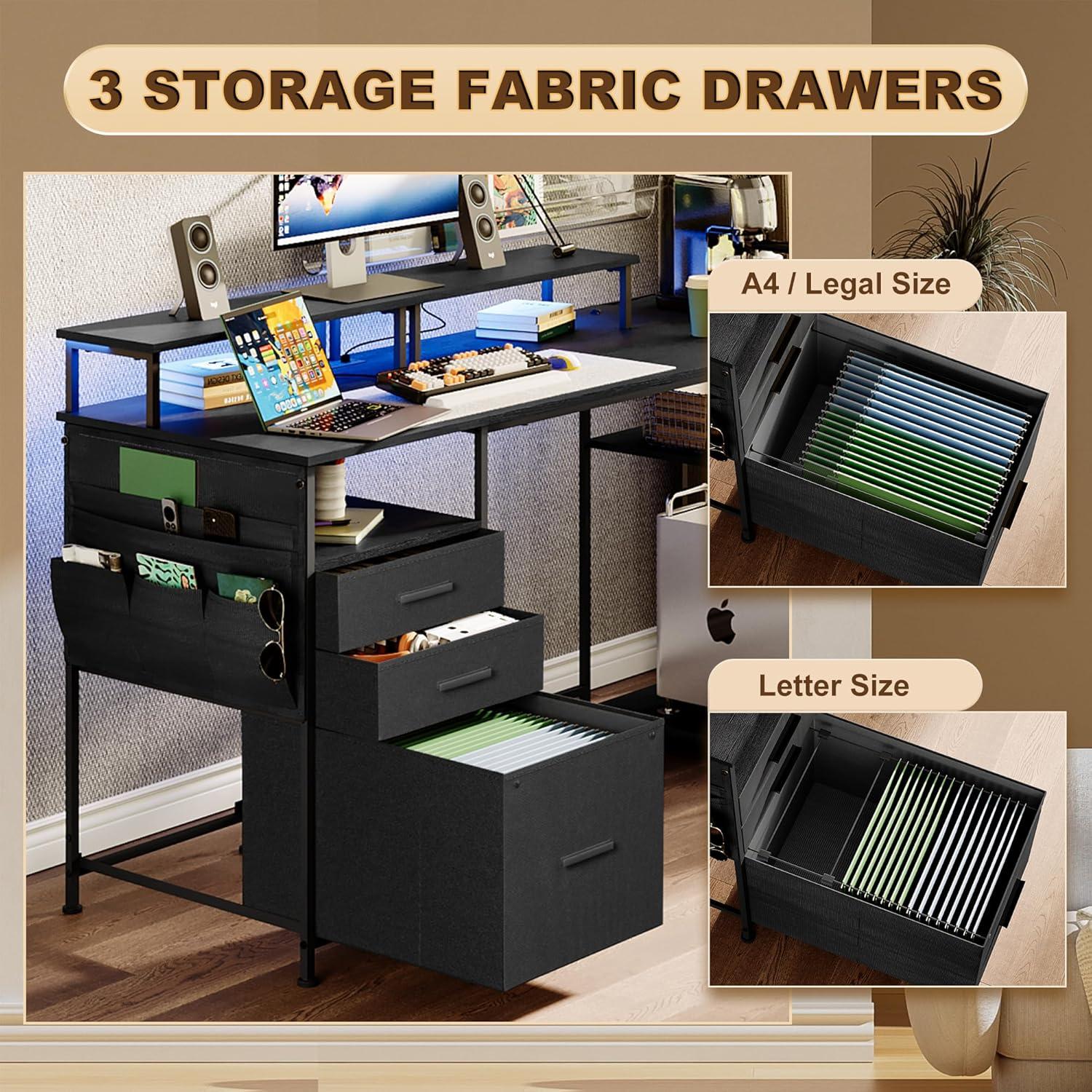 Computer Desk with 3 File Cabinet Drawers, 57.8'' Reversible Gaming Desk with LED Lights and Power Outlets, Office Desk with Storage Shelves and Dual Monitor Stand for Home & Office (Black)