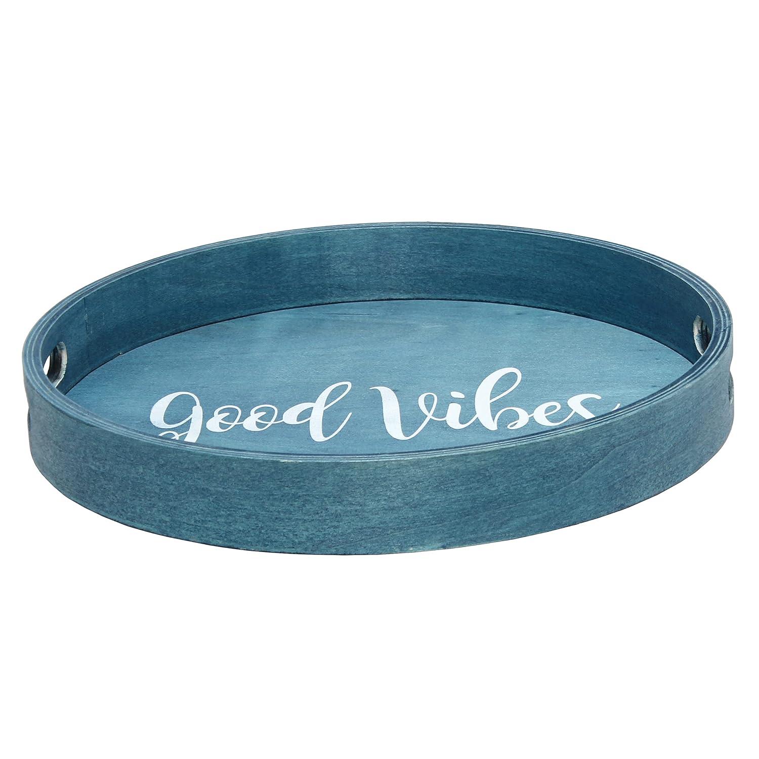 Good Vibes 14'' Blue Wash Round Wood Serving Tray with Handles