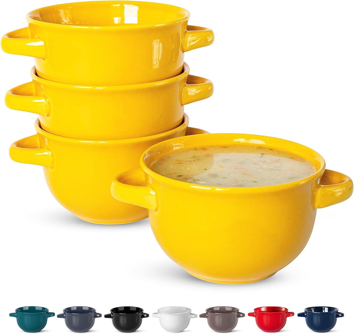 Kook Soup Bowls Crocks with Handles, 18 oz, Set of 4, Yellow