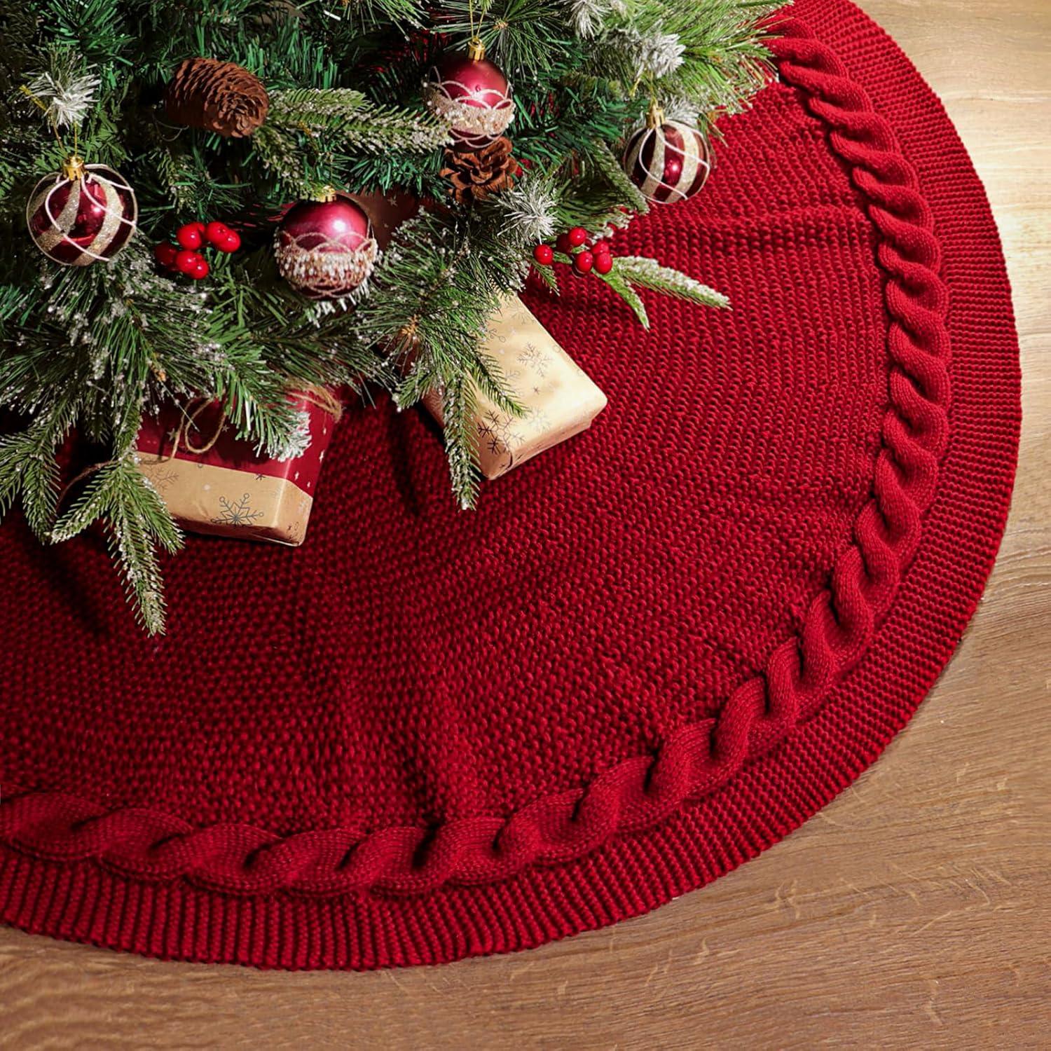 TETOU 48In Knitted Christmas Tree Skirt, Wine Red Tree Skirt, Braided Cable Knit Thick Rustic Christmas Tree Decorations, Farmhouse Christmas Decor Xmas Holiday Home Party Decorations