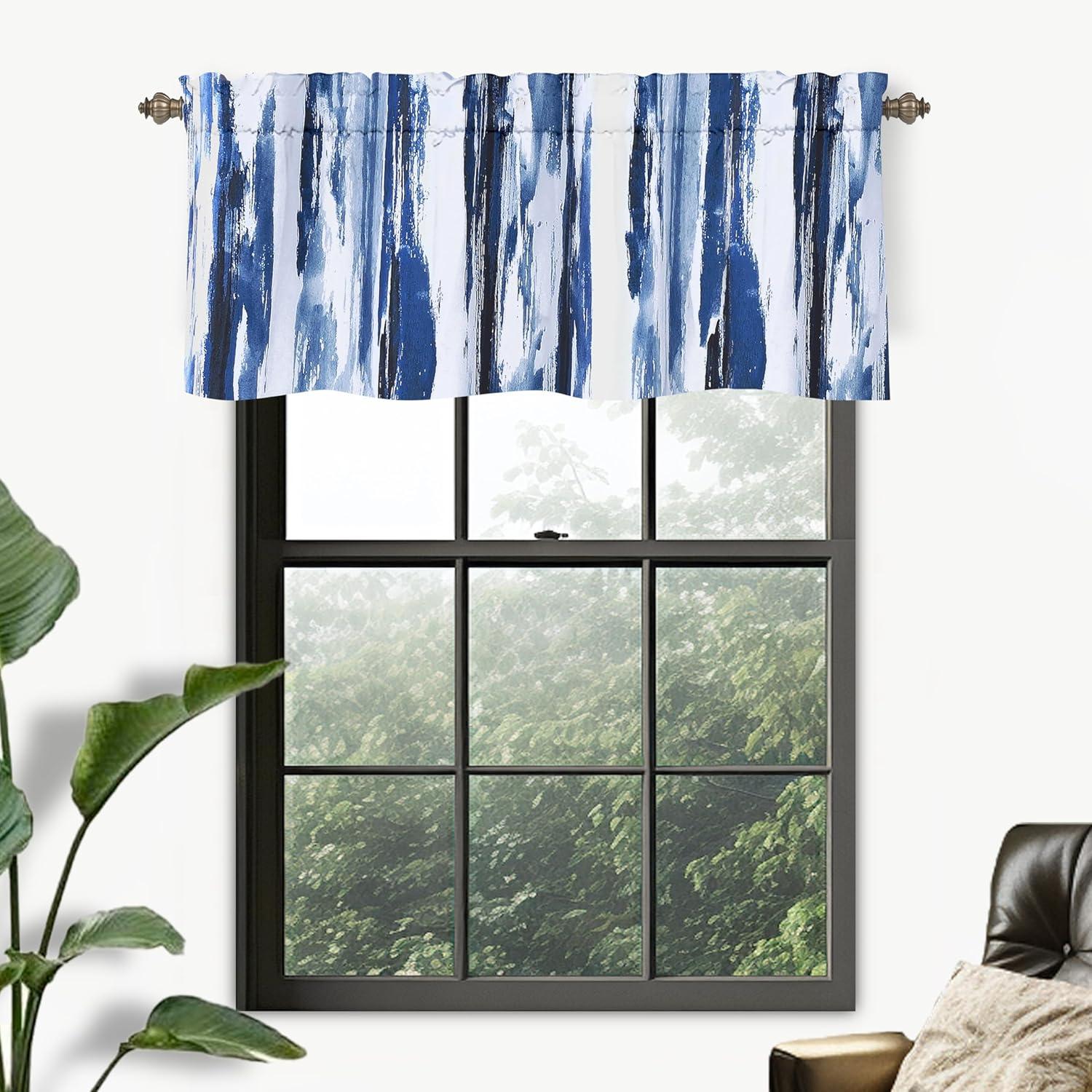 Blue and White Polyester Blackout Kitchen Window Valance