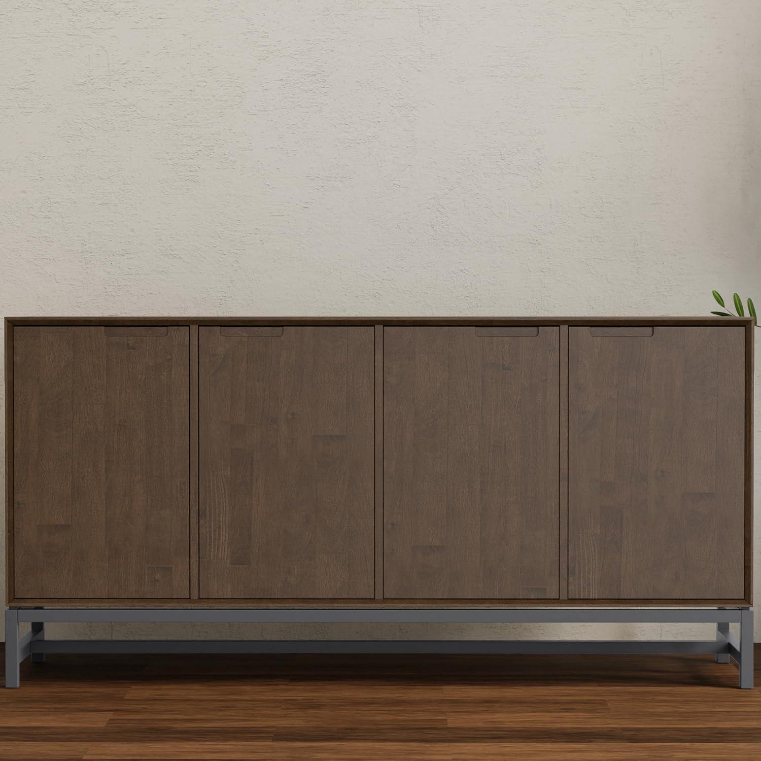 Simpli Home Banting SOLID HARDWOOD and Metal 72 inch x 18 inch Rectangle Modern Industrial 4 Door Sideboard Buffet in Walnut Brown