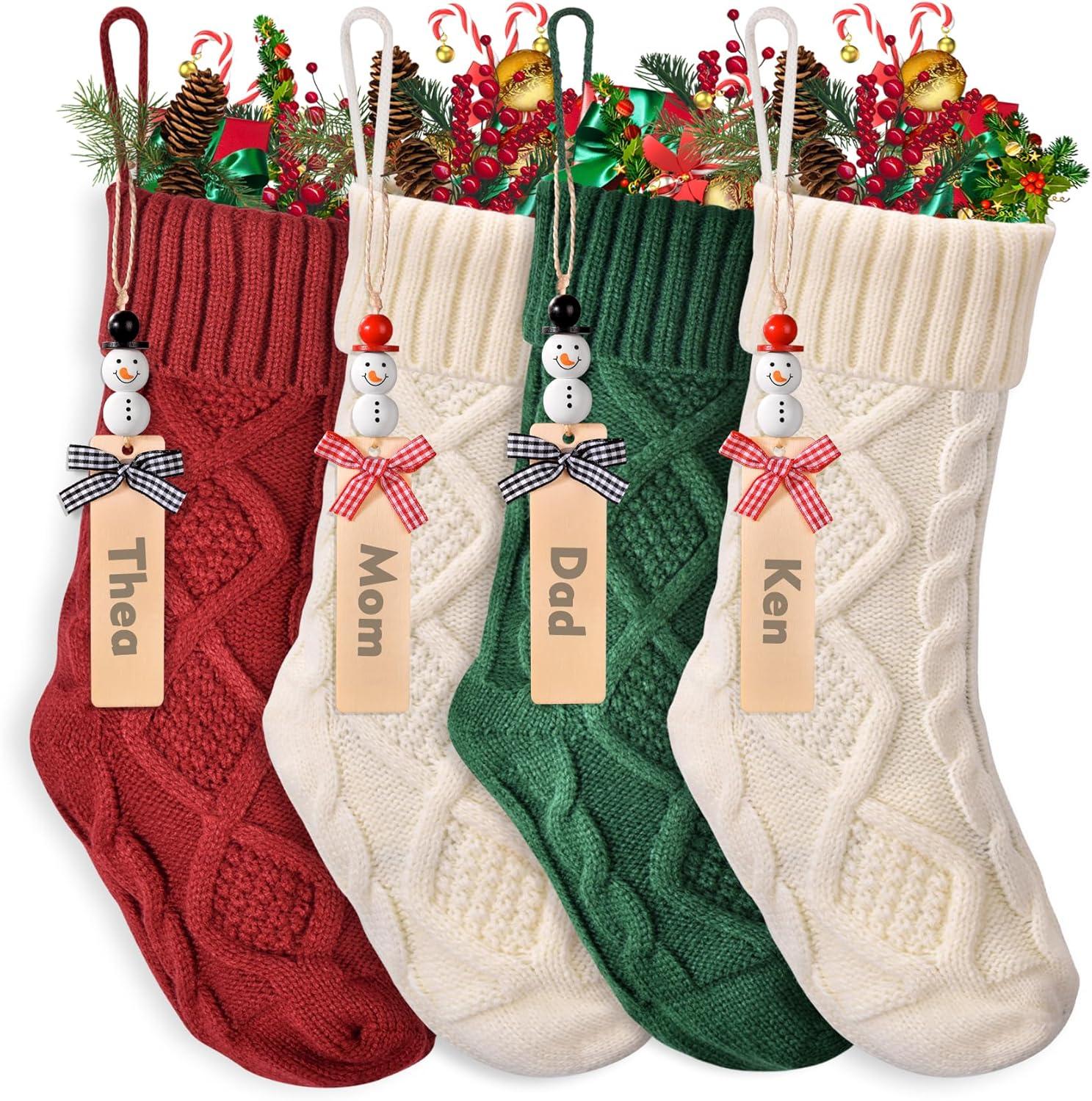 Dalrosia Personalized Christmas Stockings - 18 Inches Hanging Stockings with DIY Snowman Name Tags, 4PCS Large Size Knitted Stockings for Mantels, Christmas Tree Family Holiday Decor