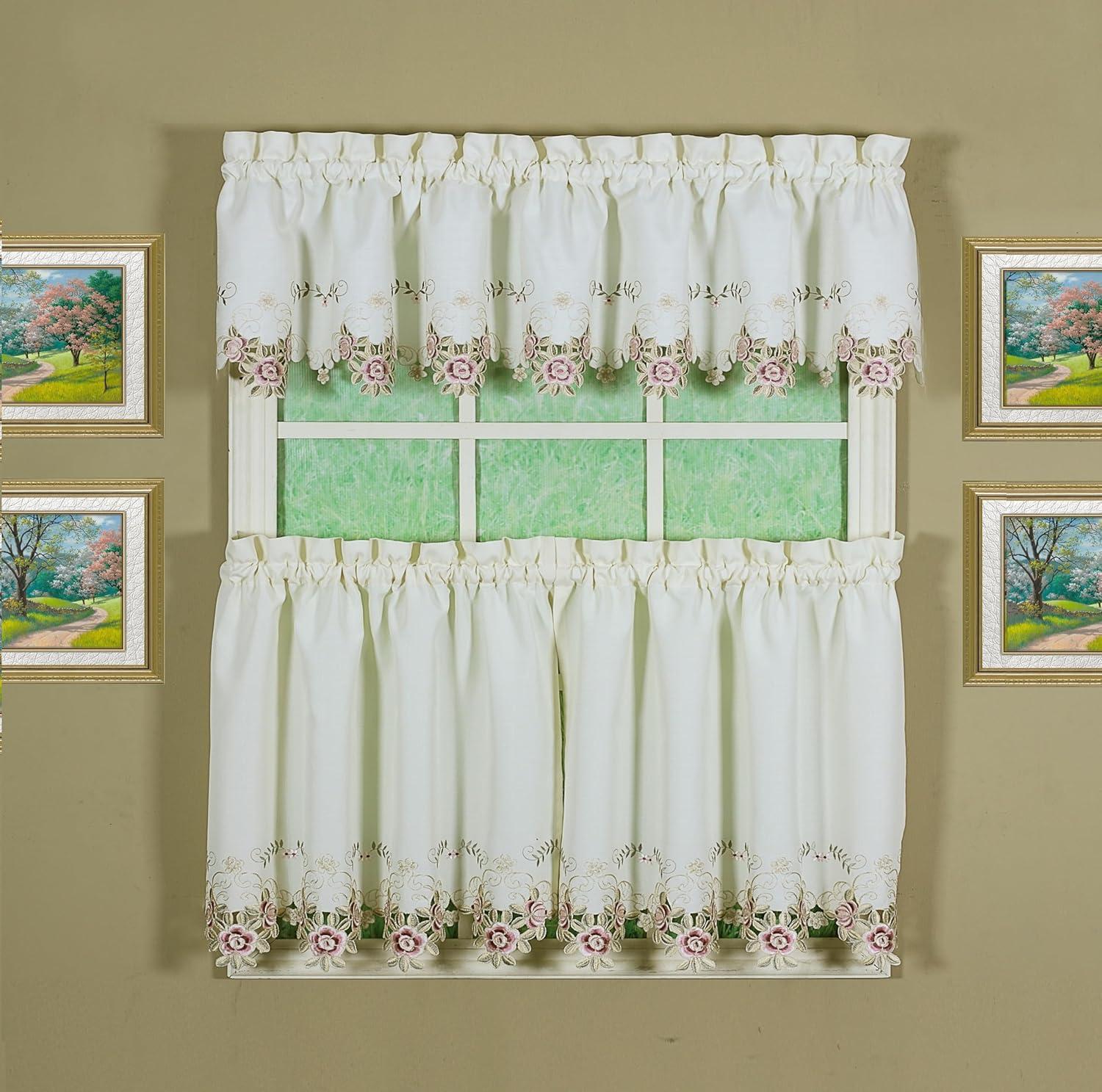 Today's Curtain Verona Reverse Embroidery Valance, 14", Ecru/Rose, 60" W X 14" L