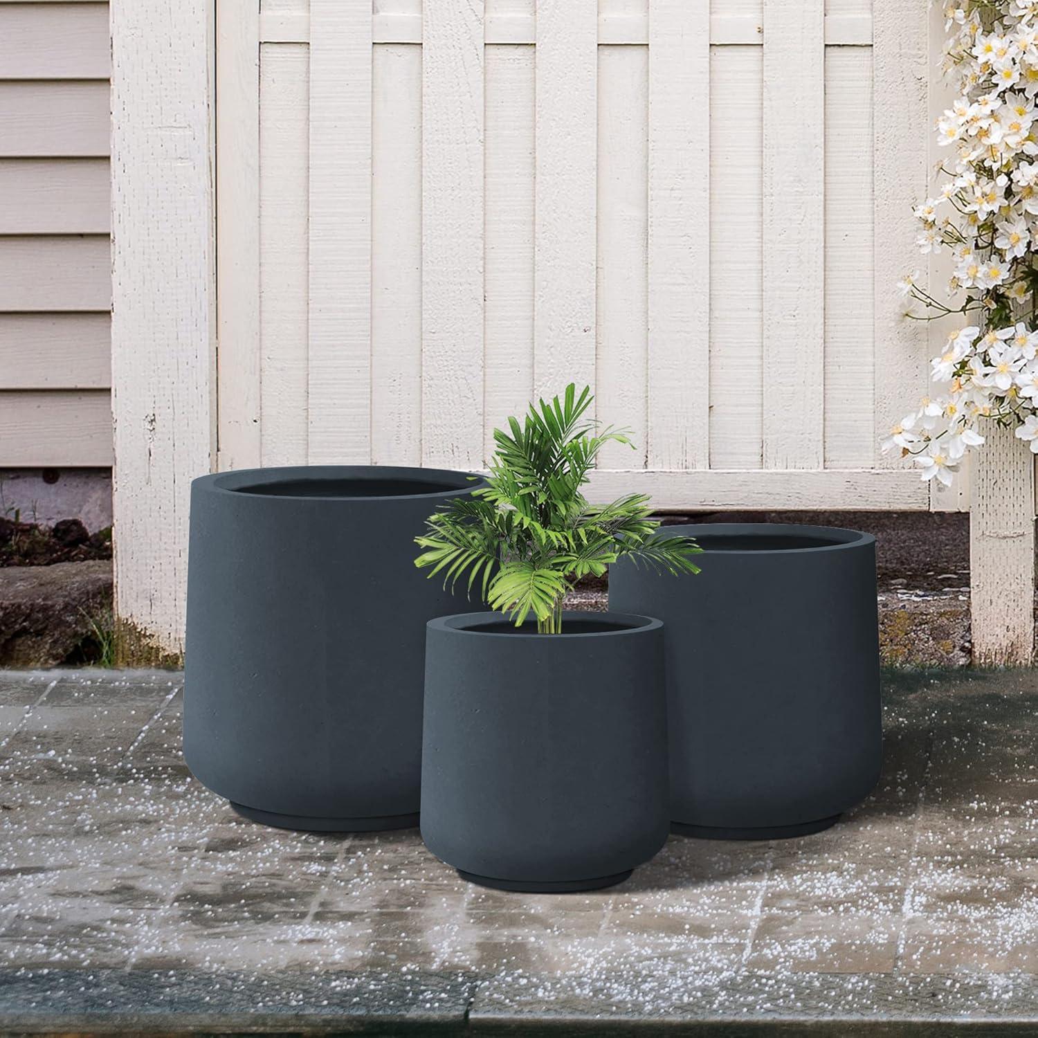 Kante Kante Round Concrete Planters, Outdoor Indoor Pots Containers with Drainage Holes Set