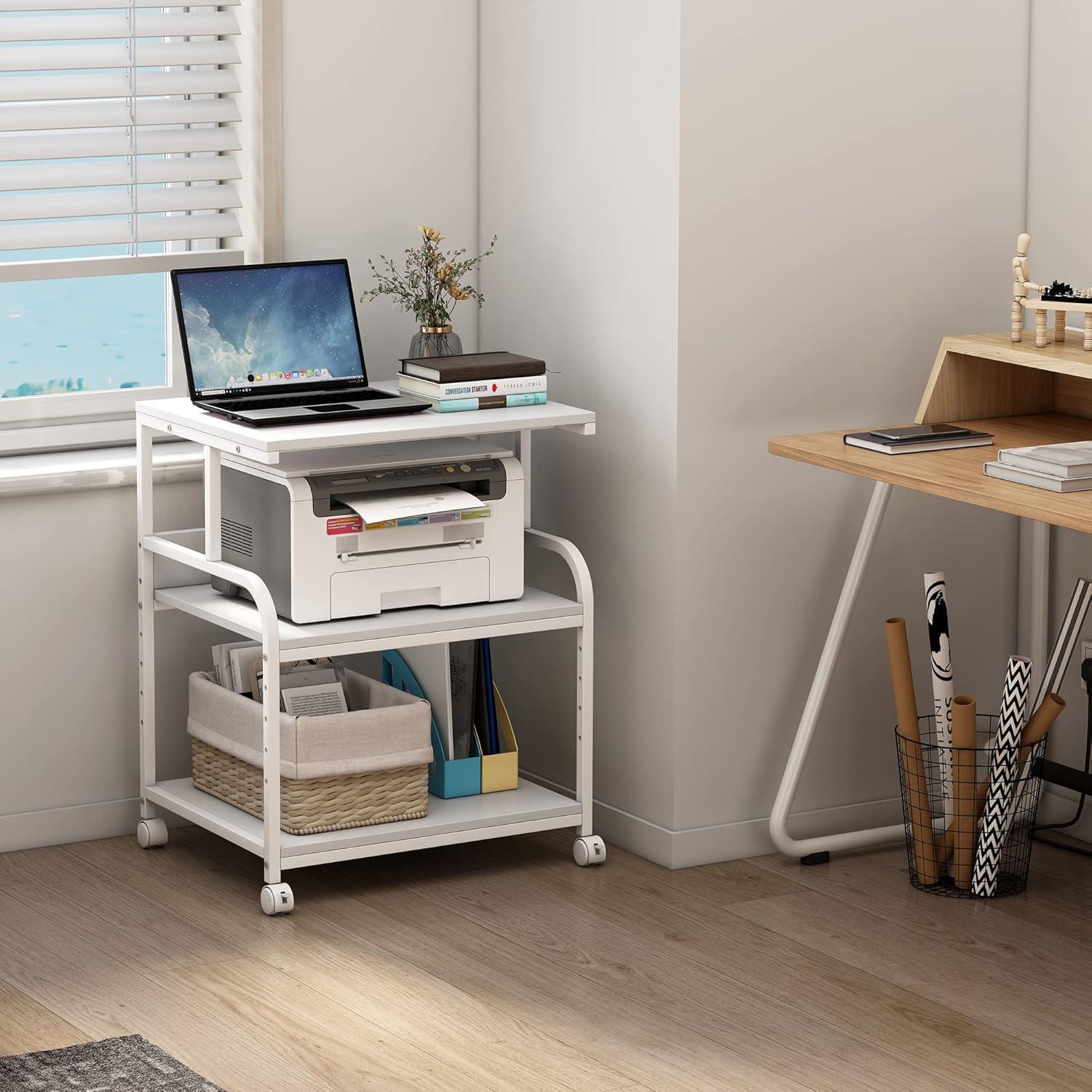 Printer Table, 23.6 x18.9 x 29.5 Inches Large Printer Stand with Height Adjustable Storage Shelf, 3 Tier Rolling Printer Cart Furniture with Wheels for Home Office, White & Black