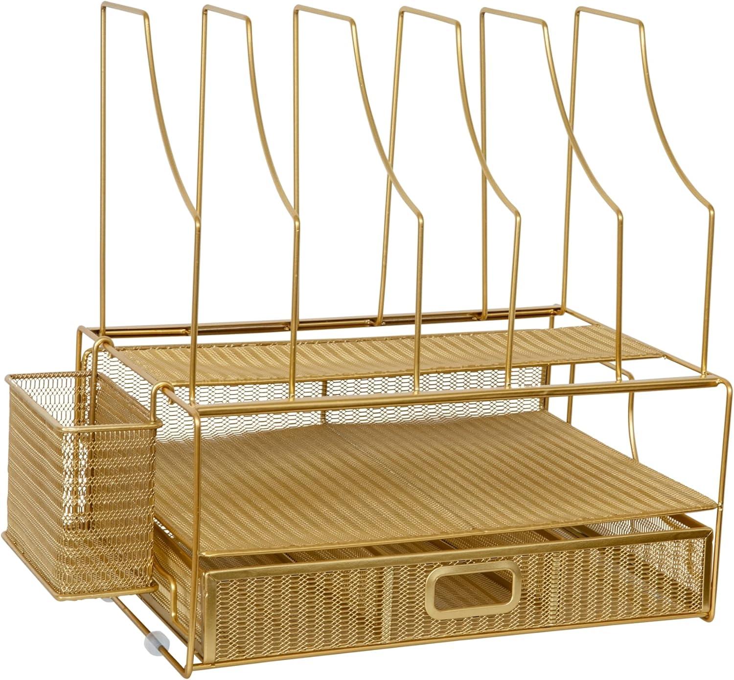 Gold Mesh Metal Large Desktop Organizer with Drawer and File Holder