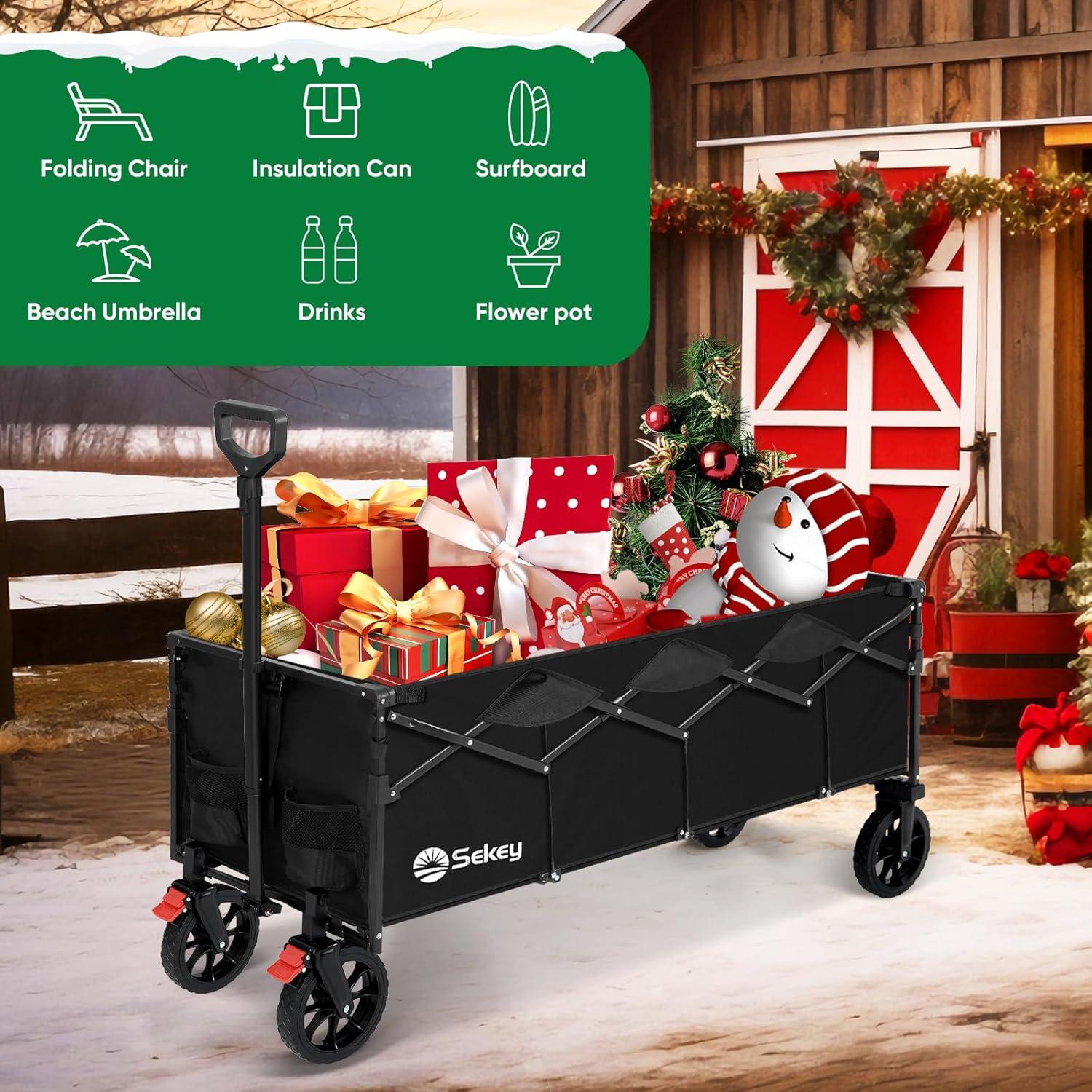 Sekey 43" Extended Collapsible Wagon 400L Large Capacity, 440LBS Heavy Duty Folding Utility Garden Cart with All-Terrain Wheels for Camping, Sports, Shopping.Black