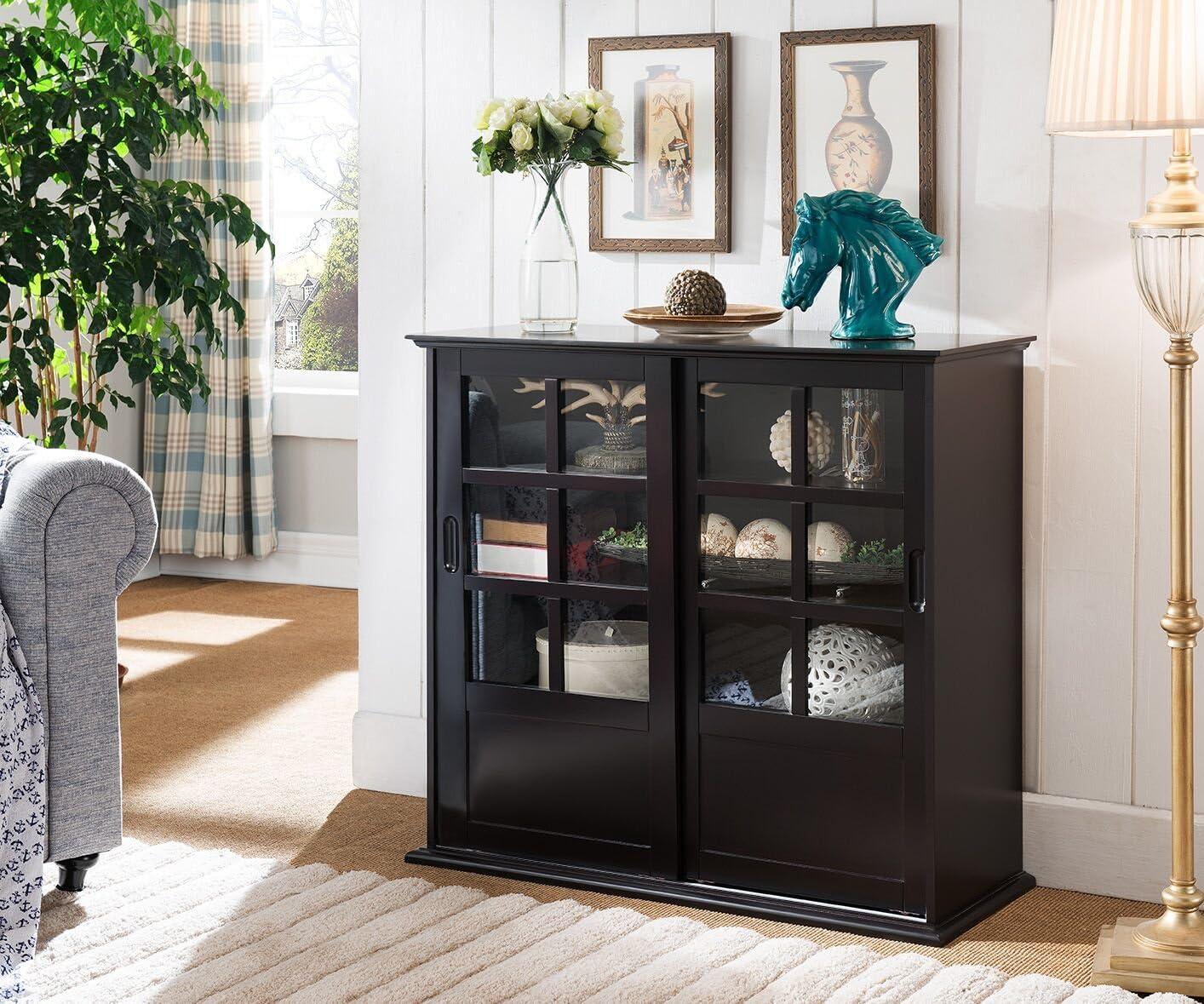 Espresso Wood Curio Cabinet with Glass Sliding Doors