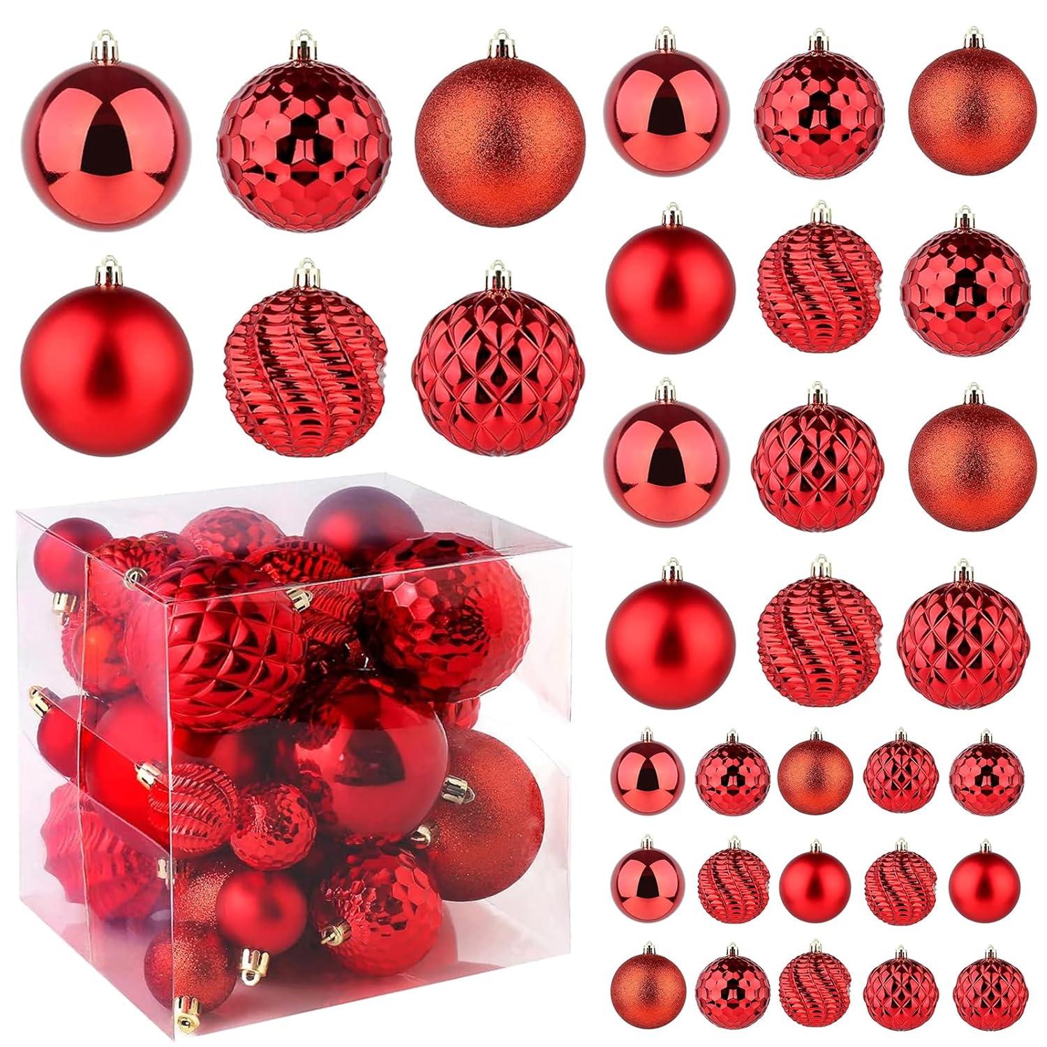 Christmas Balls Ornaments -36pcs Shatterproof Christmas Tree Decorations with Hanging Loop for Xmas Tree Wedding Holiday Party Home Decor,6 Styles in 3 Sizes(Red)