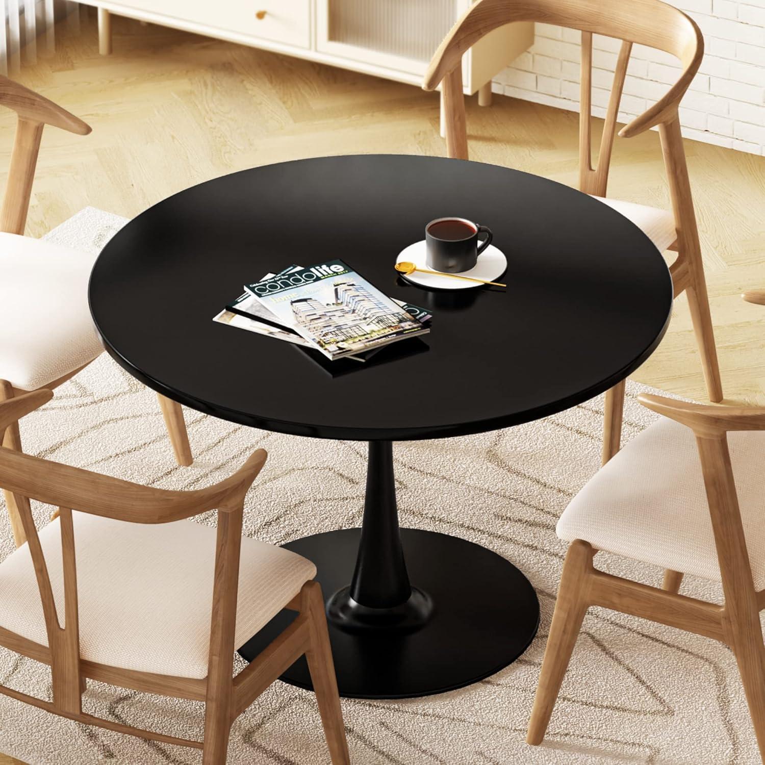 Recaceik Round Dining Table, 31" Elegant Tulip Table Round with MDF Tabletop and Metal Base, Kitchen Living Room Home Office, Black