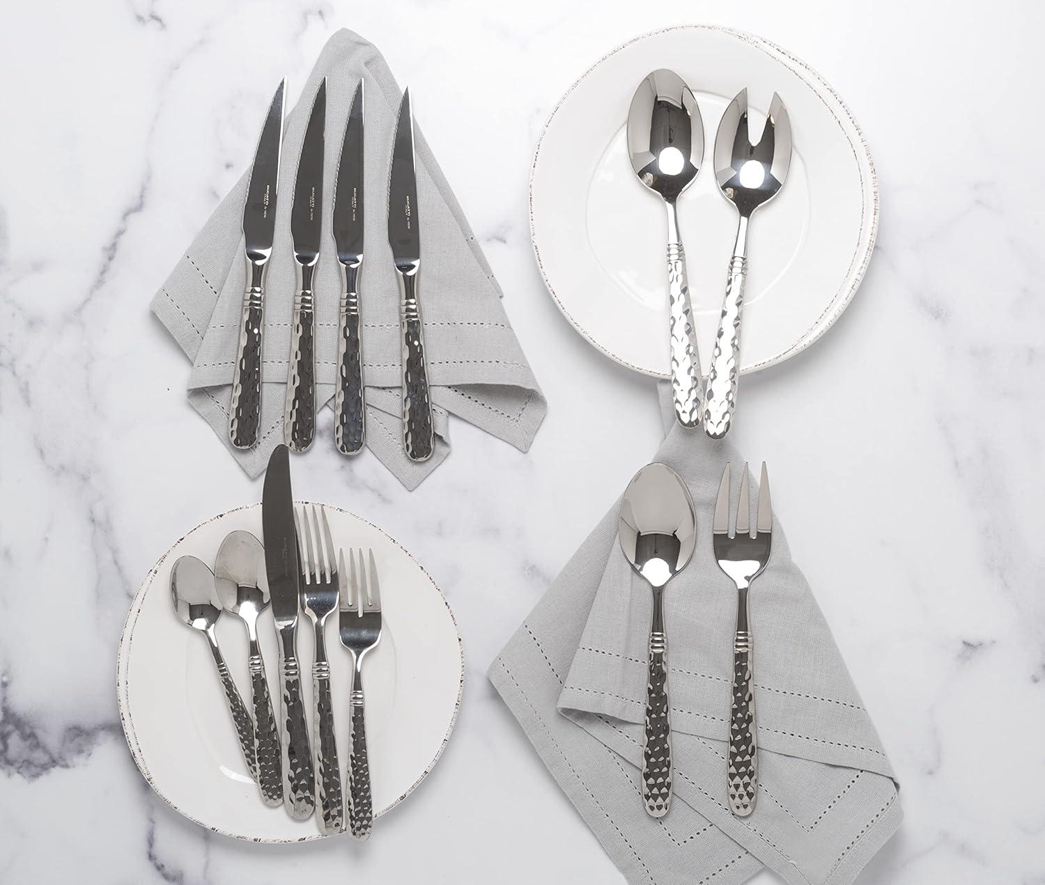 Hammered Stainless Steel 9" Salad Server Set, Fork and Spoon