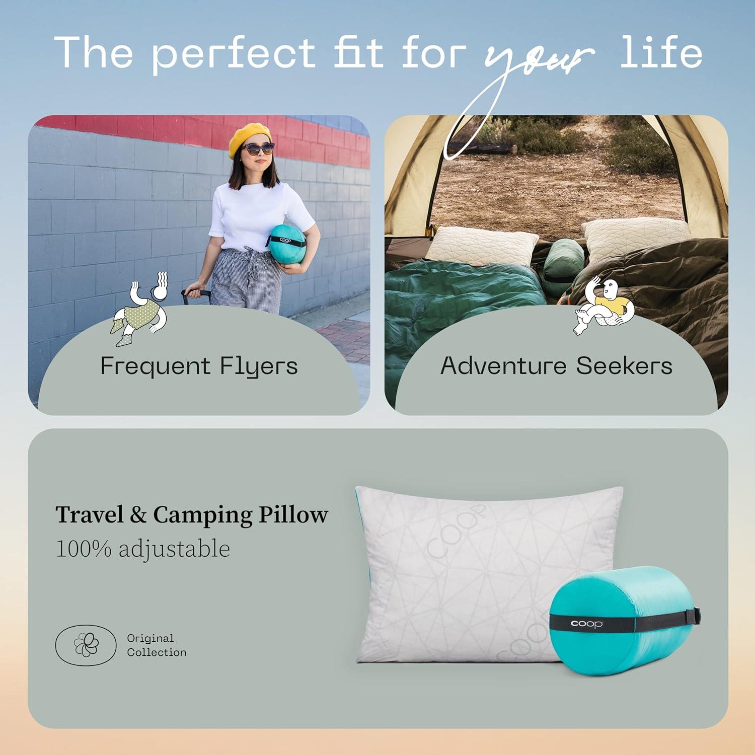 Coop Home Goods Adjustable Travel Pillow - 1 Camping Pillow and 1 Grey Pillowcase Bundle w/ Compressible Stuff Sack