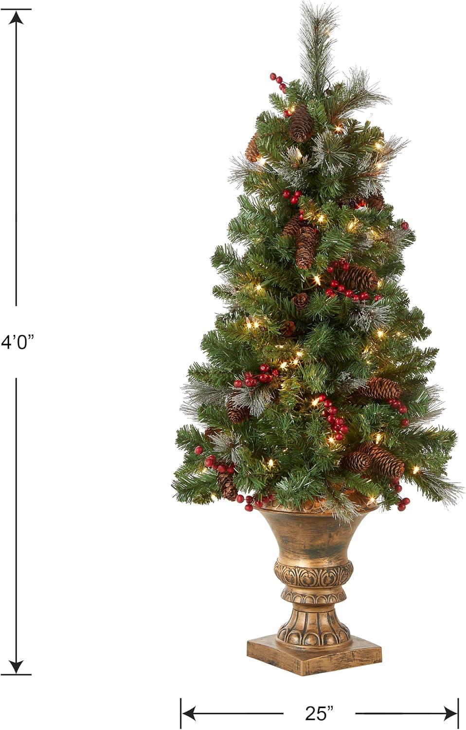 Prelit Flocked Crestwood Spruce Artificial Christmas Tree in Pot with Cones and Berries Clear Lights - National Tree Company