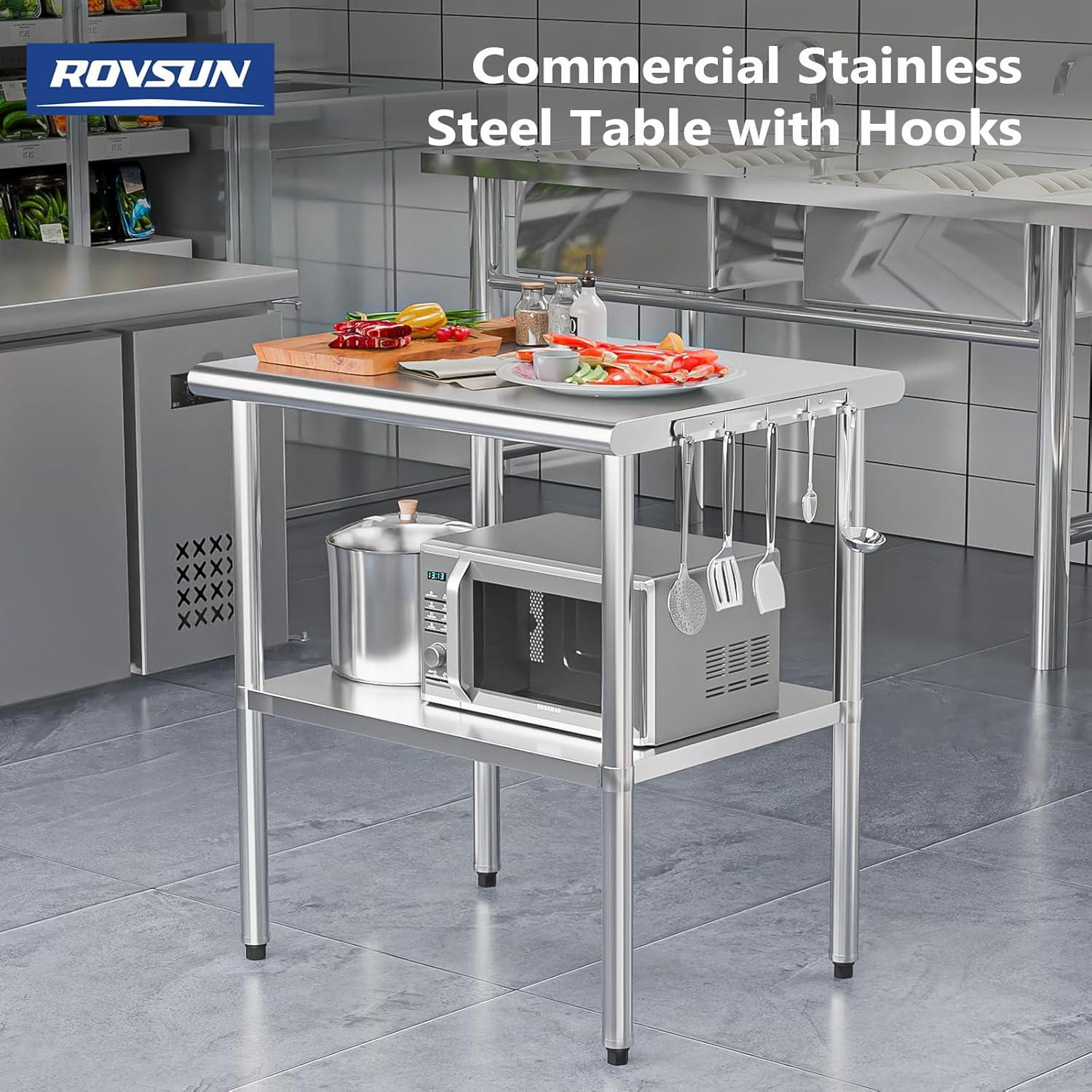 ROVSUN 36'' x 24'' Stainless Steel Table for Prep & Work, Metal Table with Undershelf for Kitchen Restaurant, Home
