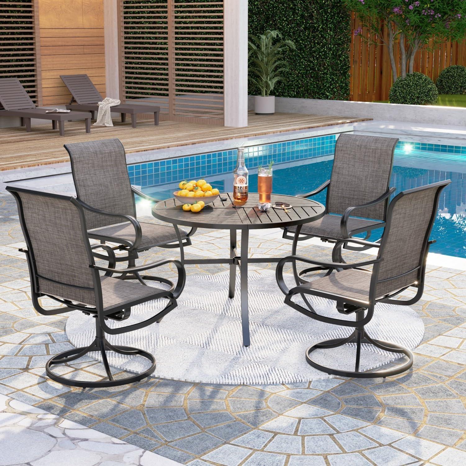 PHI VILLA 5 Piece Outdoor Patio Dining Set with 4 Swivel Dining Chairs & 1 Wood-Like Dining Table, All Weather Blue Textilene Mesh Fabric Chair and Square Metal Table for Deck Lawn Garden
