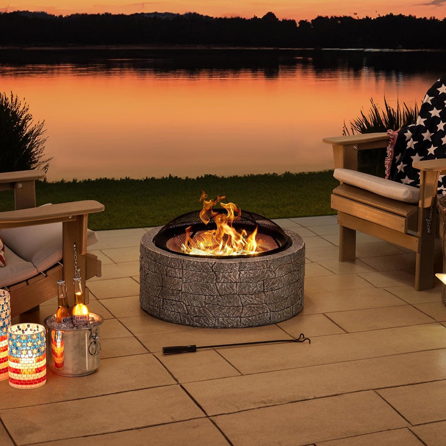 Sunjoy Stone Fire Pit 26 Inch, Outdoor Round Wood Burning Fire Pits with Spark Screen and Poker Grey