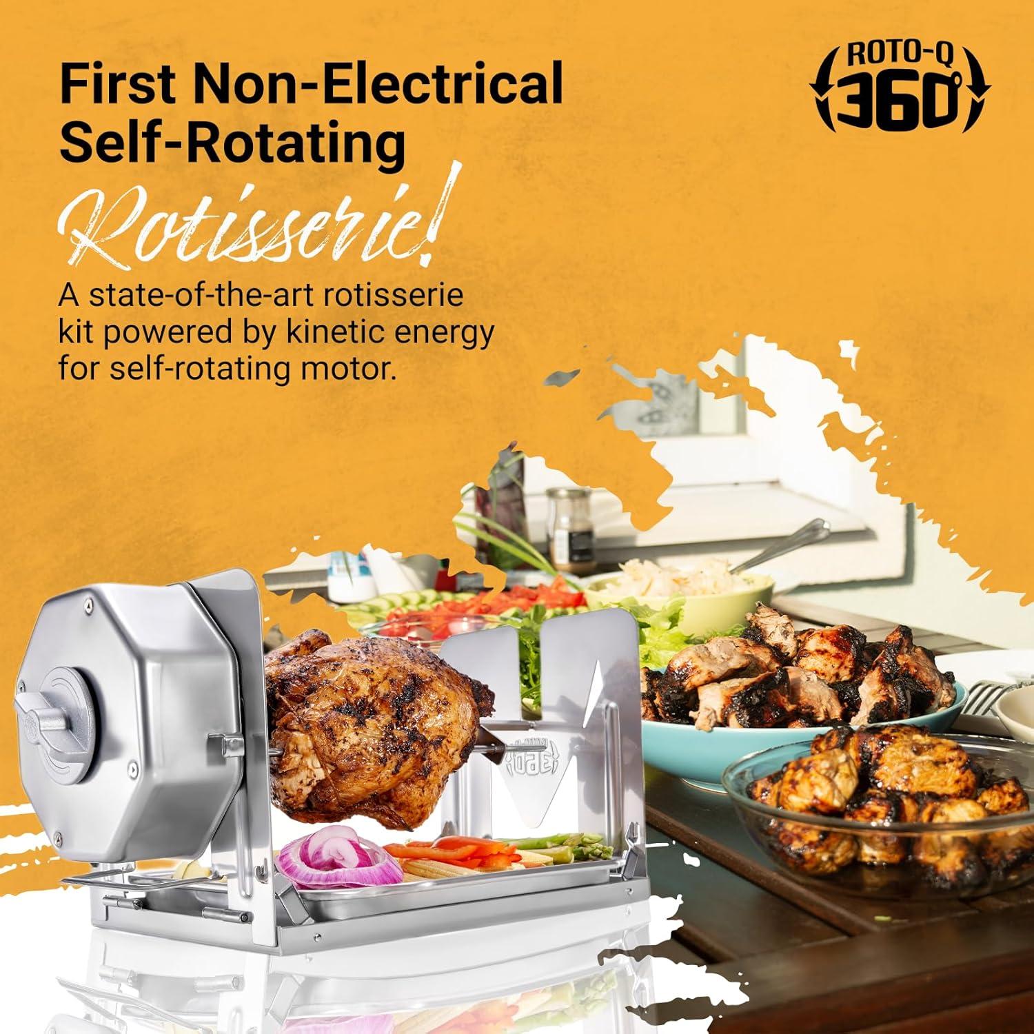 ROTO-Q 360 Cordless Stainless Steel Rotisserie Kit - Non-Electric for Grills, Ovens, BBQ, Smokers - Indoor/Outdoor