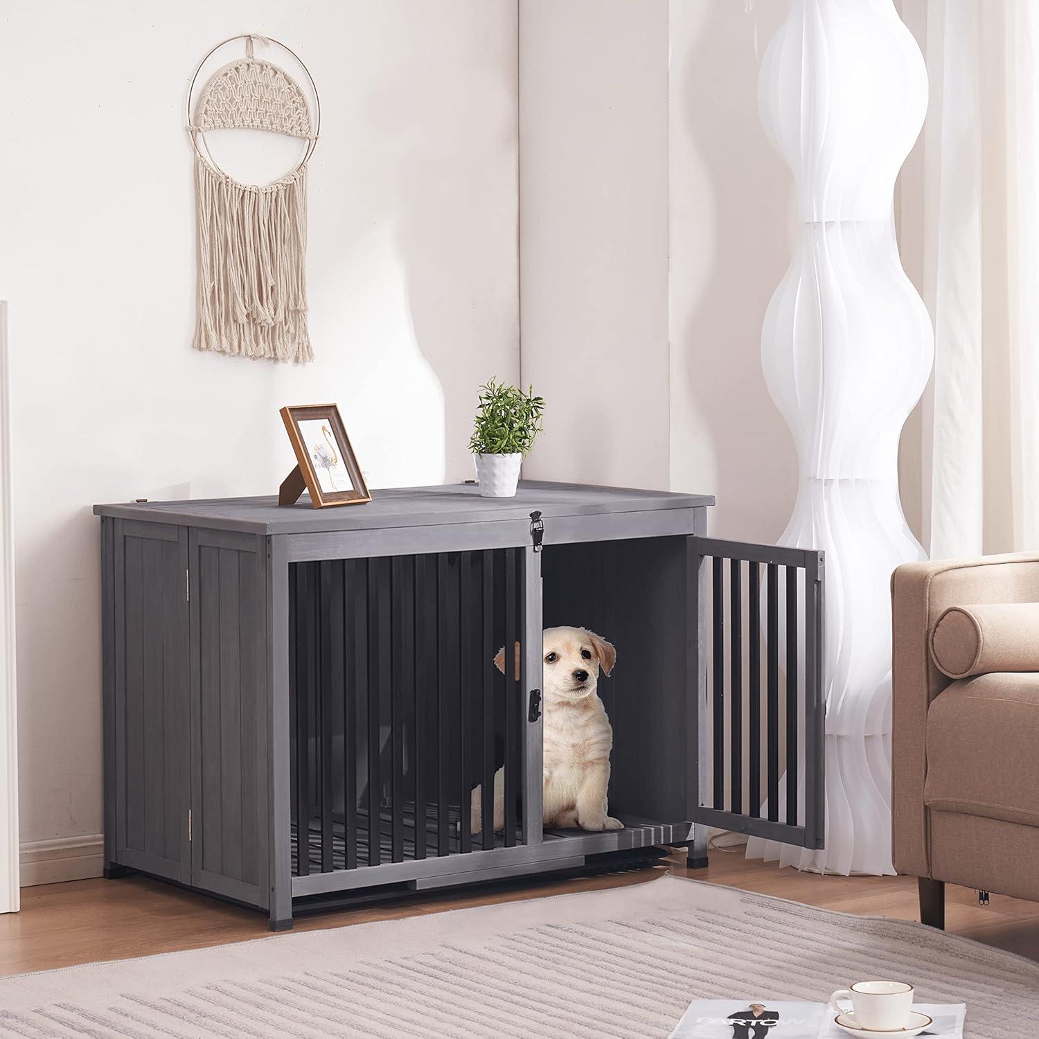 Mcombo Wooden Dog Crate Furniture End Table with Door, No Assembly Portable Foldable Pet Crate Dog Kennel Indoor with Removable Tray (Large, Grey), 0650