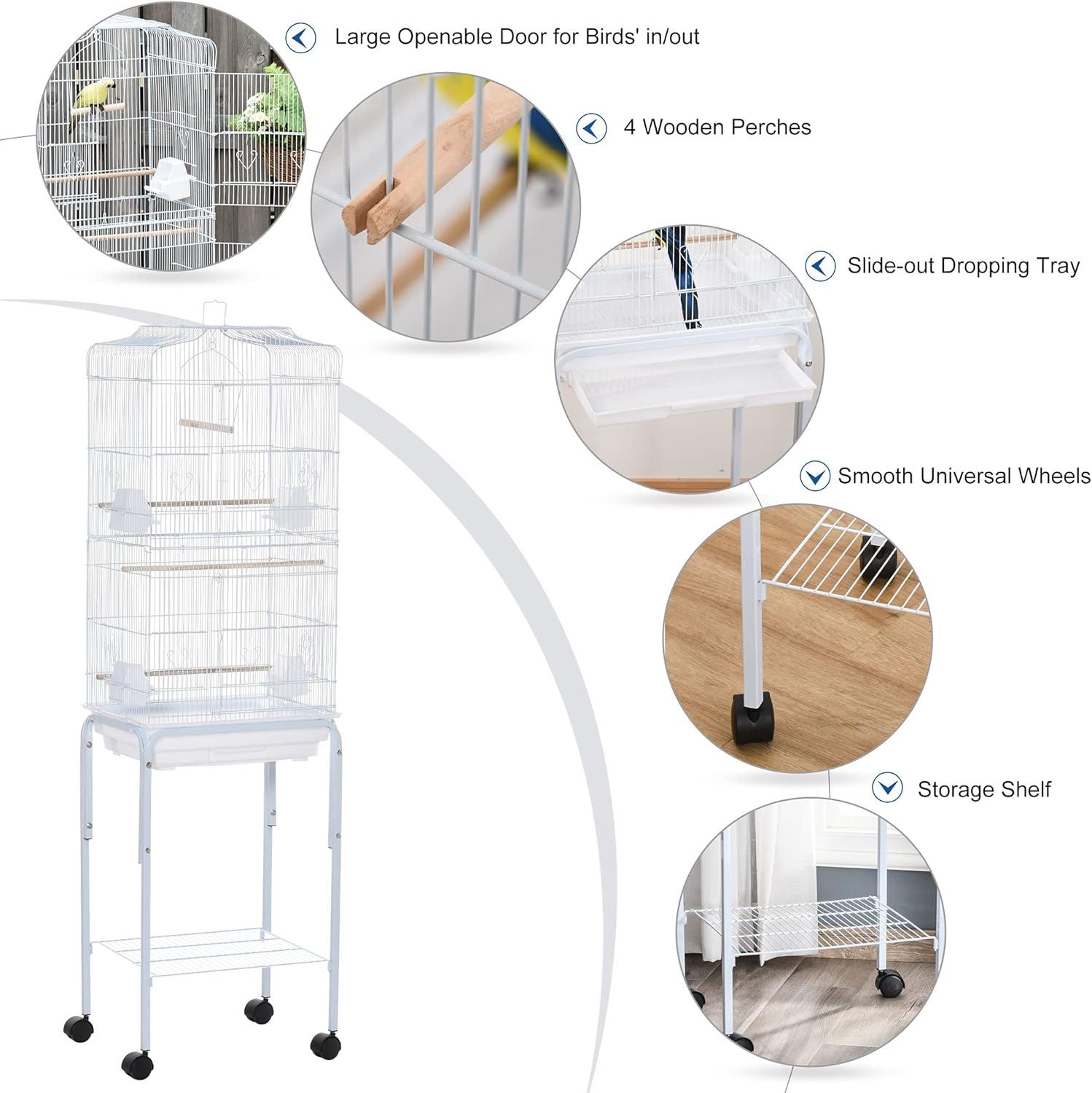 PawHut 60" Metal Indoor Bird Cage Starter Kit With Detachable Rolling Stand, Storage Basket, And Accessories, White