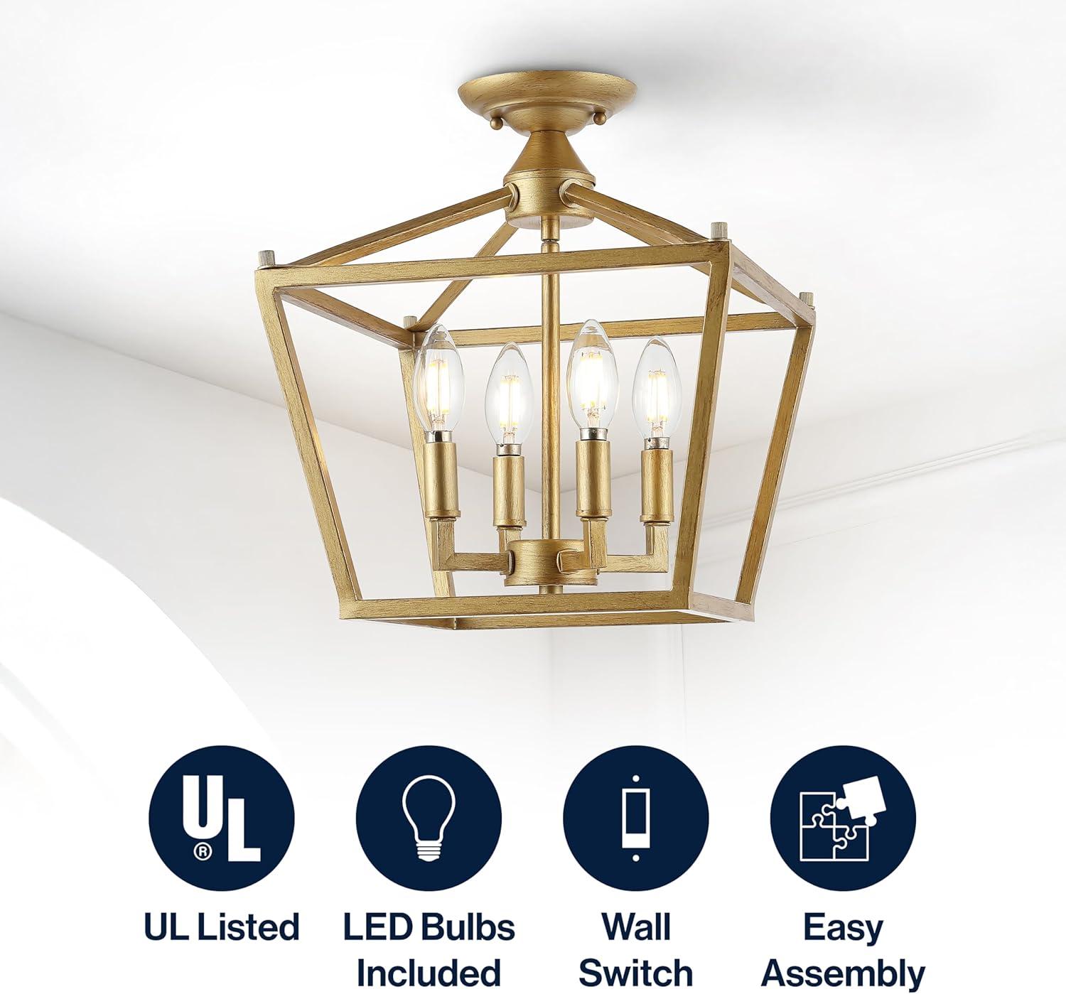 Plains Mini Lantern 12 in. 4-Light Brass Gold Iron Modern Farmhouse LED Flush Mount,