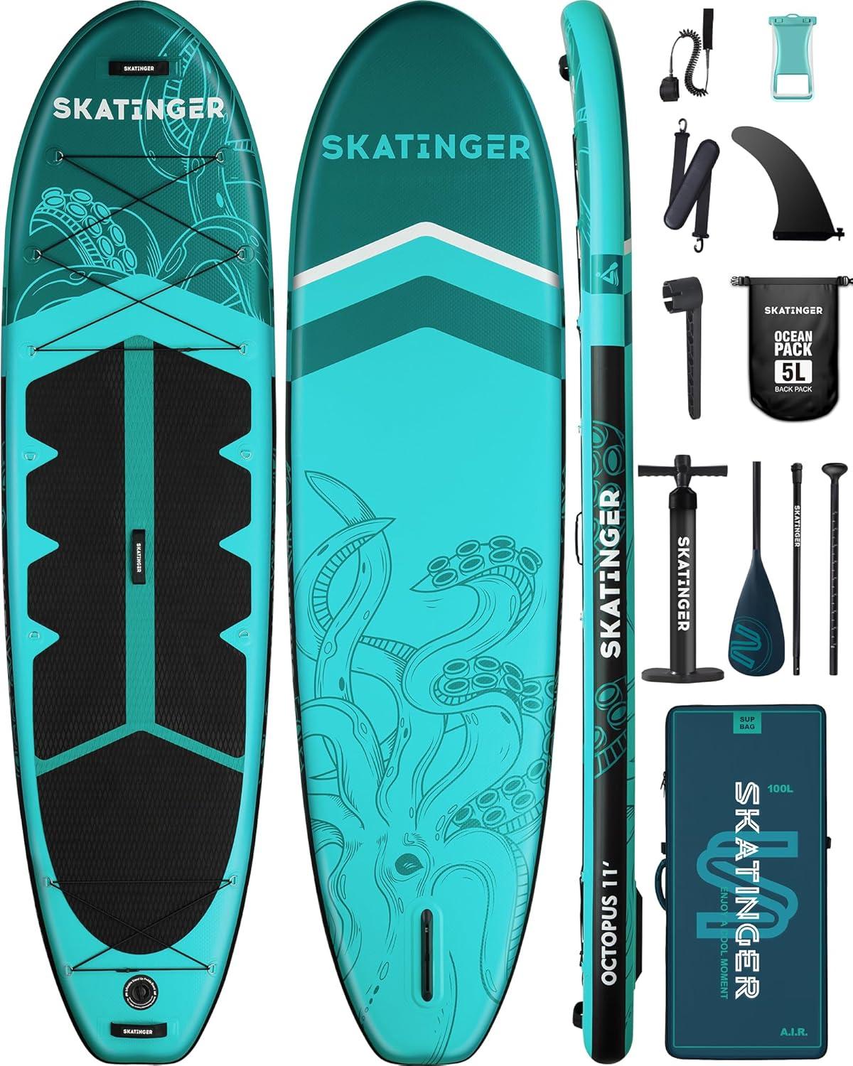 11'x34'' Extra Wide Inflatable Paddle Board, Up to 420lbs Stand-up Paddle Boards for Adults, Stable SUP for 2 People/Family, 3-PCS Paddle, Shoulder Strap, US Fin