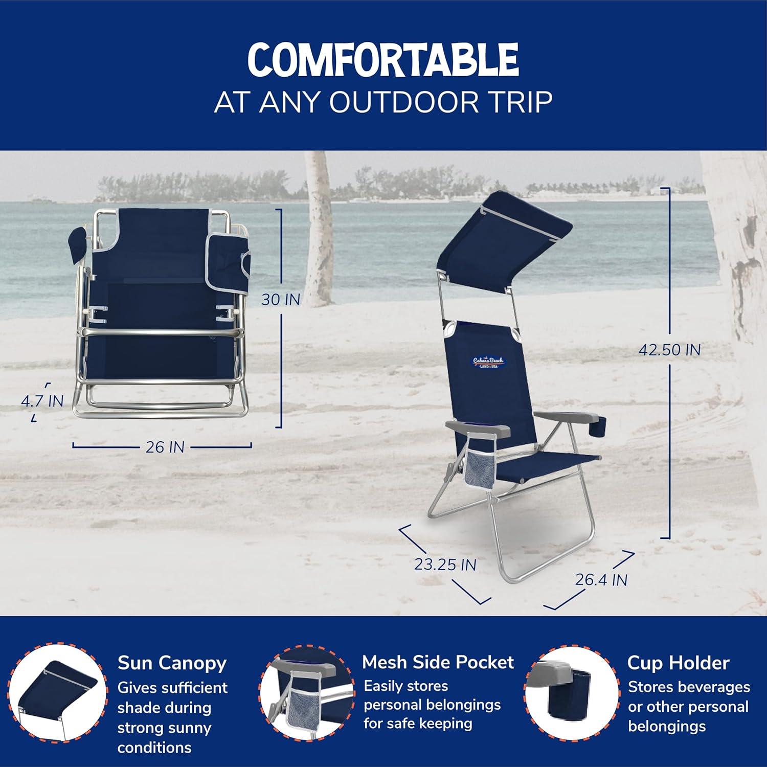 Cabana Beach High Back Beach Chair with Canopy, 225lb Capacity, Navy