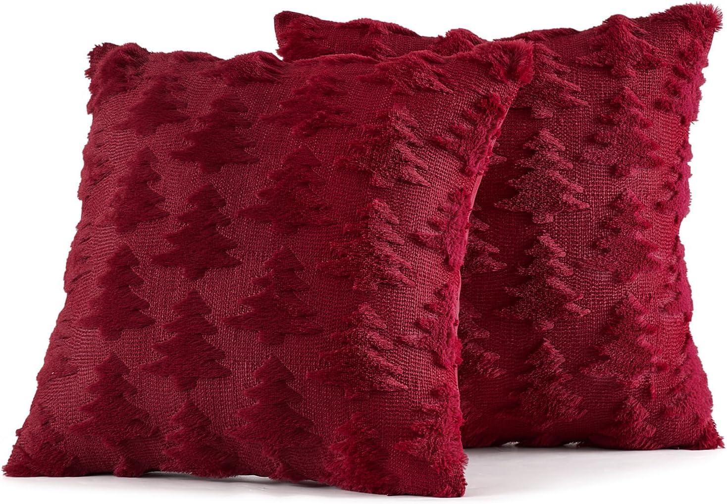 UGASA Pillow Covers 20x20 Inch Set of 2 Soft Plush Faux Fur Christmas Tree Decorative Luxury Jacquard Throw Pillows Pillowcases for Couch Sofa Holiday Festivals Home Decor, Burgundy