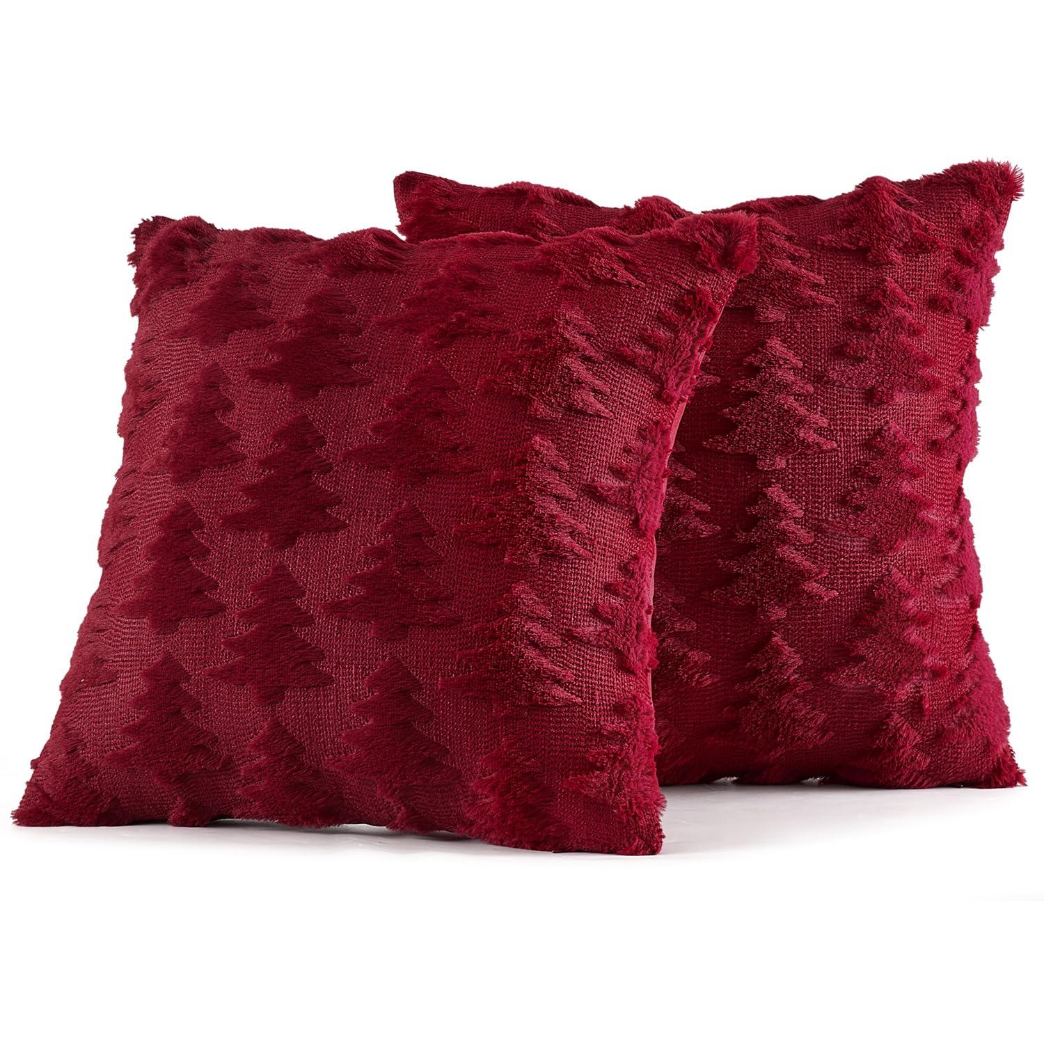 UGASA Pillow Covers 20x20 Inch Set of 2 Soft Plush Faux Fur Christmas Tree Decorative Luxury Jacquard Throw Pillows Pillowcases for Couch Sofa Holiday Festivals Home Decor, Burgundy