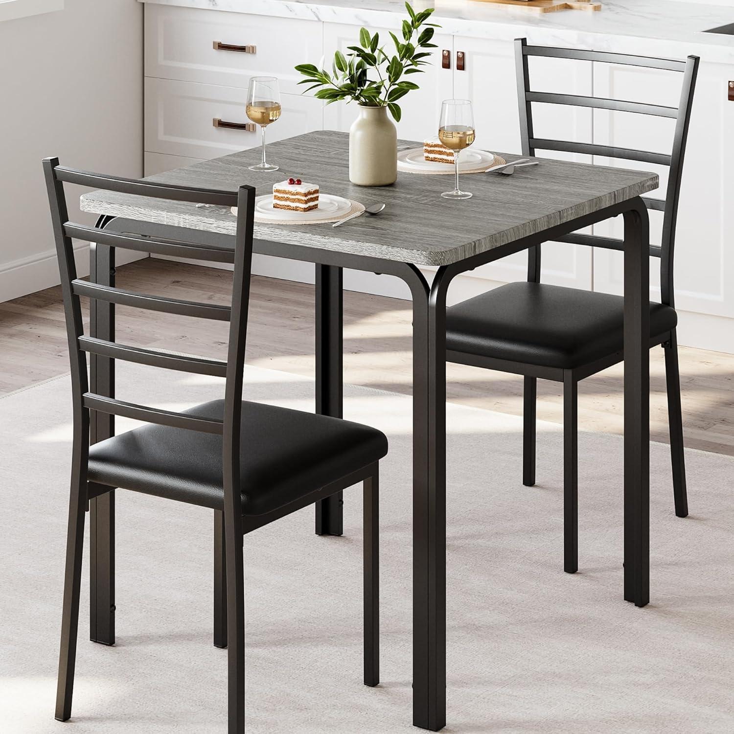 Gray MDF and Metal Small Dining Table Set with 2 Chairs