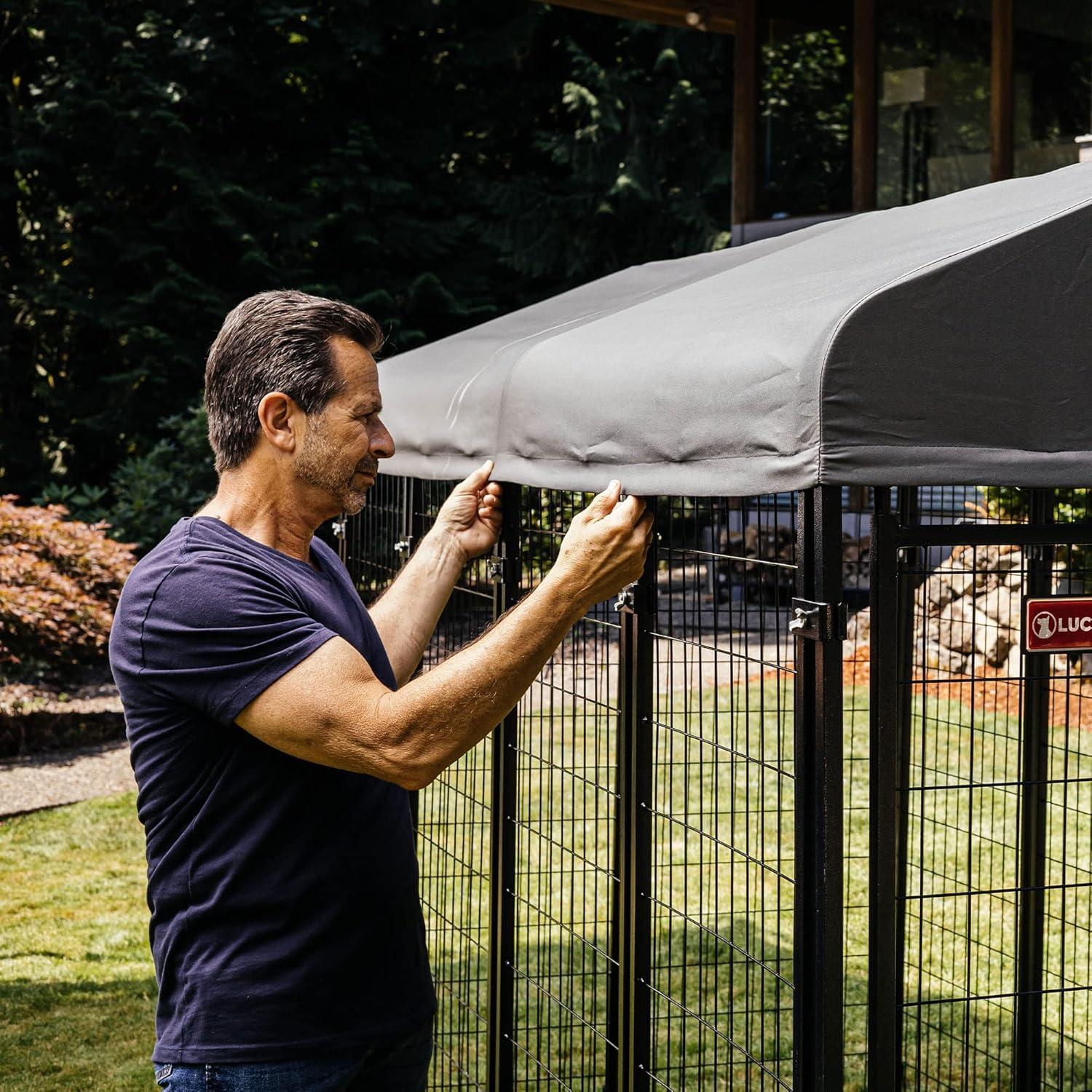 Lucky Dog STAY Series Black Powder Coat Steel Frame Villa Dog Kennel with Waterproof Canopy Roof and Single Gate Door