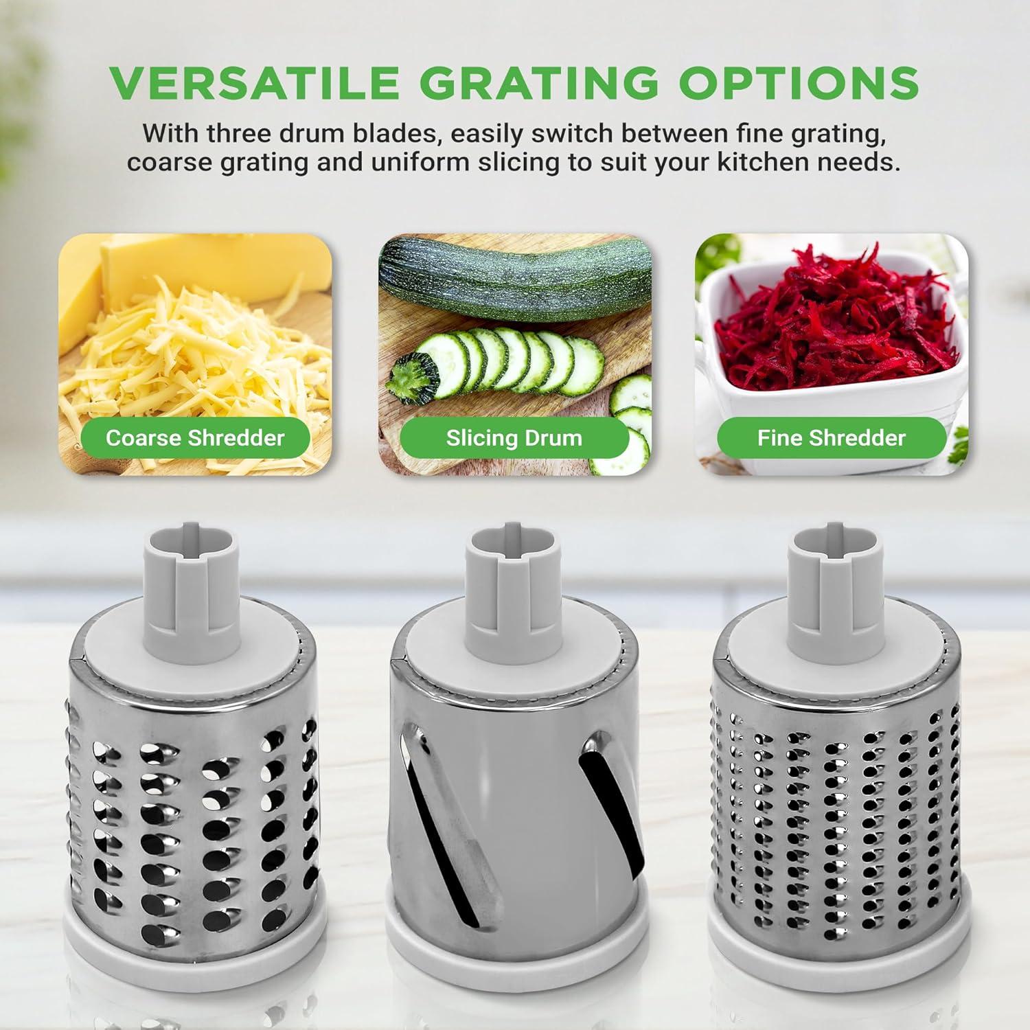 Nutrichef Rotary Cheese Grater with Handle and 3 Replaceable Drum Blades