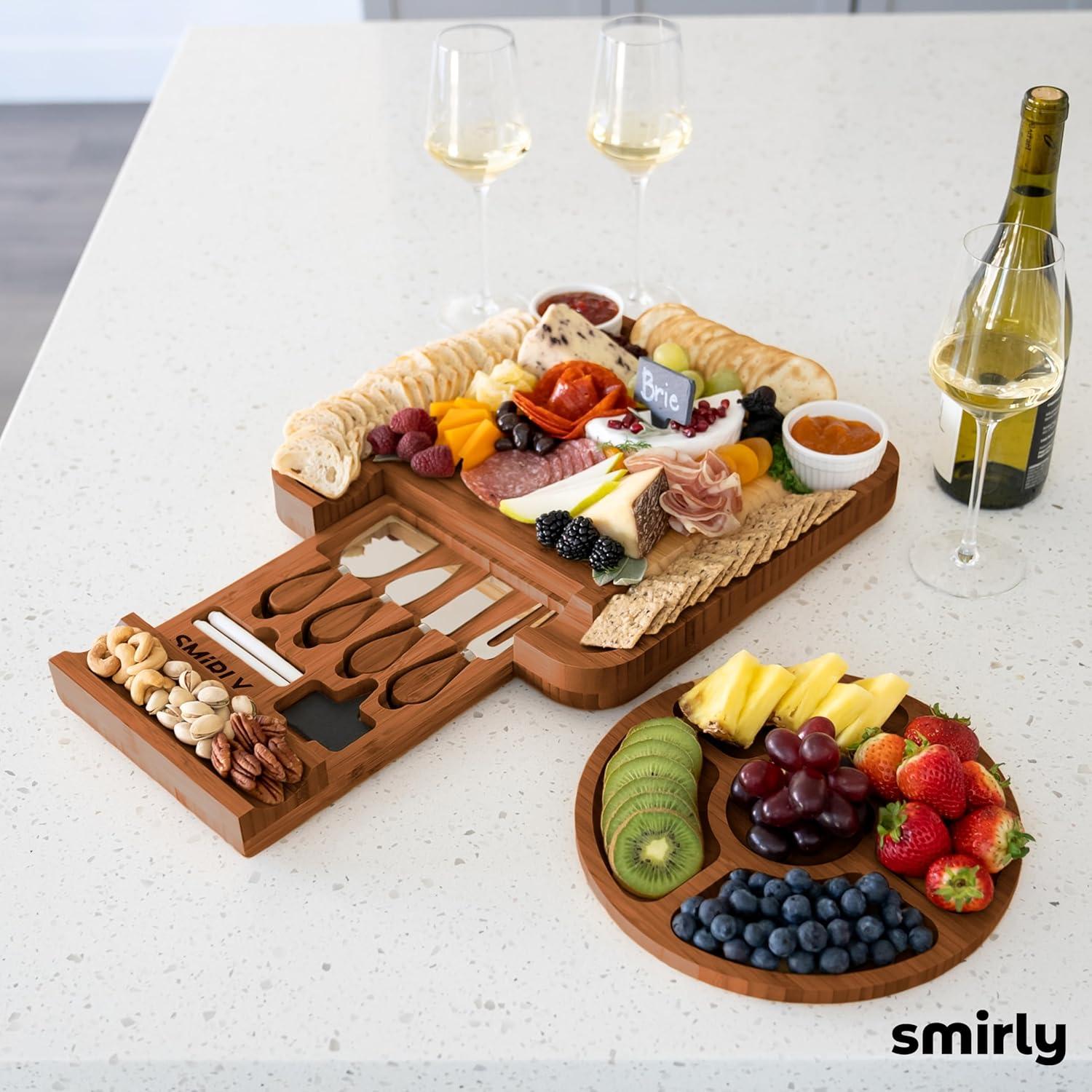 SMIRLY Charcuterie Board Set Large Bamboo Cheese Board with Fruit Tray & 2 Ceramic Bowls