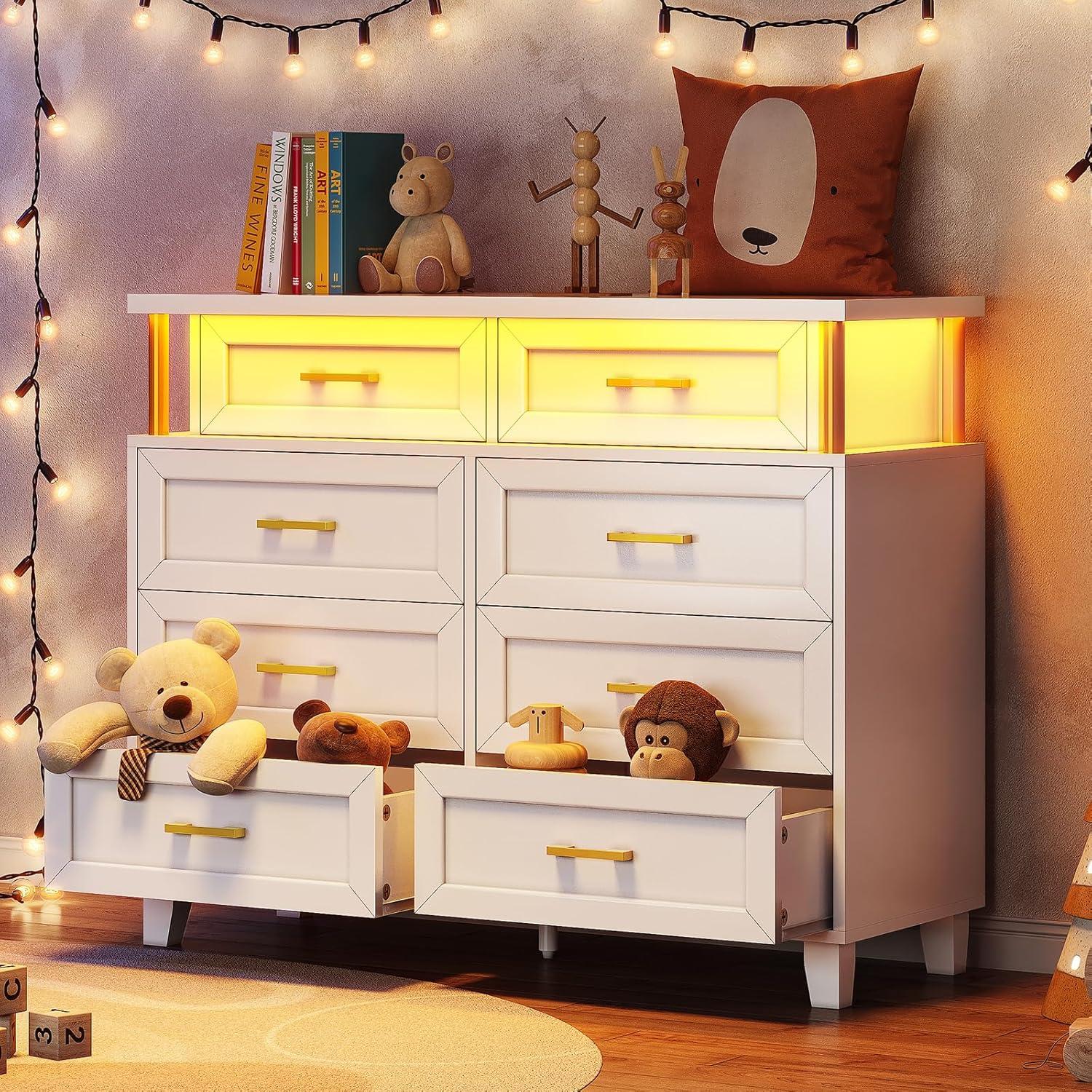 White 8-Drawer Dresser with LED Lights and Gold Accents