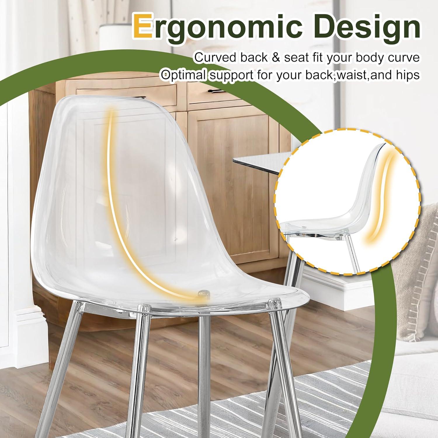 Dining Room Seating Modern minimalist transparent dining chair, plastic chair, armless crystal chair, Nordic creative makeup stool, negotiation chair, silver plated metal leg 6-piece set, TW-1200,Kit