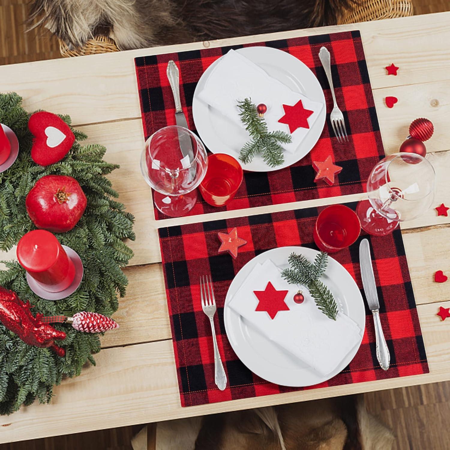 Creowell  Christmas Buffalo Plaid Placemats Set of 4, Reversible Red and Black Buffalo Check Place Mats Christmas Dining Table Decorations 18x12in