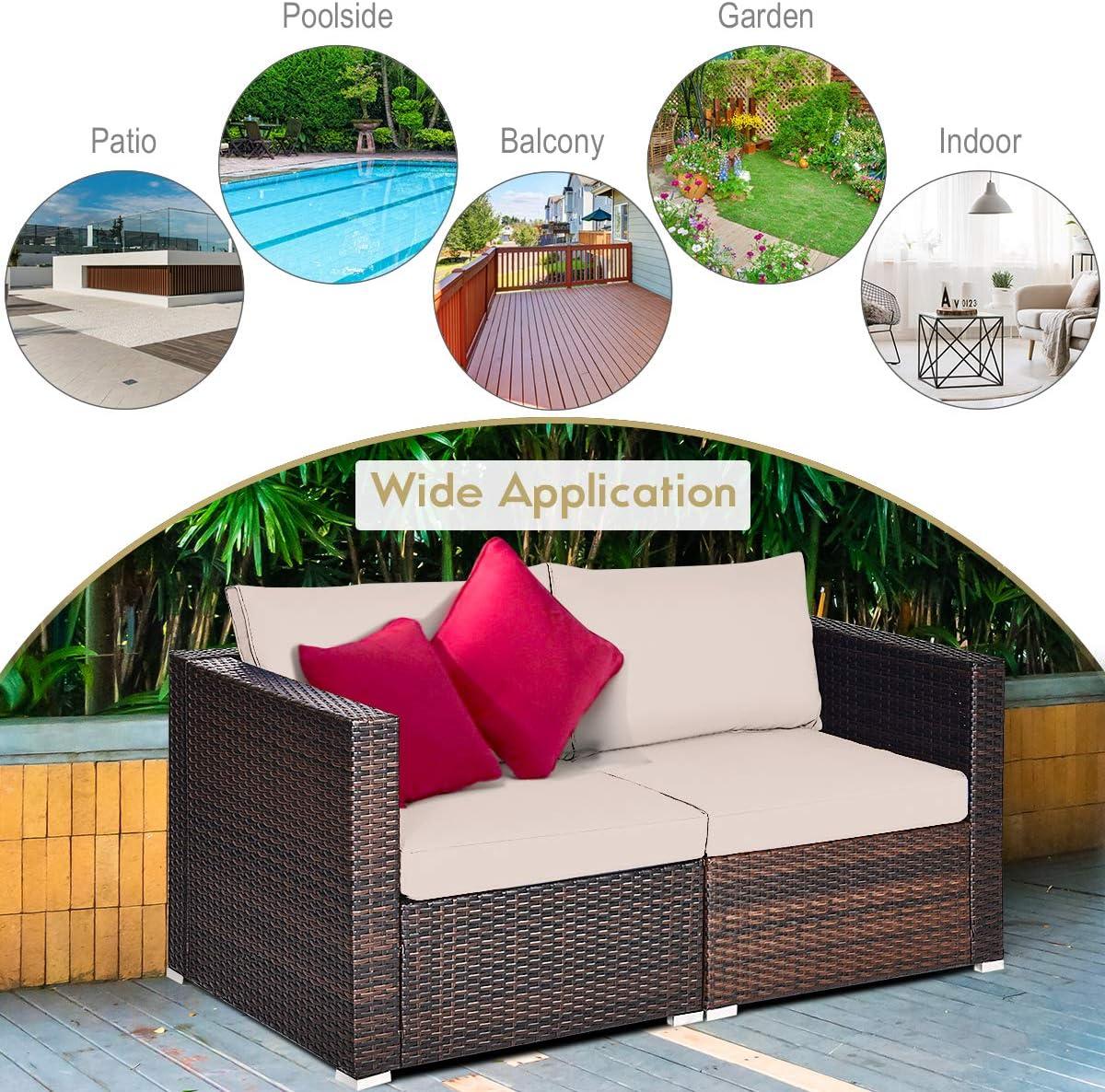 Tangkula 2PCS Rattan Corner Sofa Set Patio Outdoor Furniture Set w/ 4 Beige Cushions