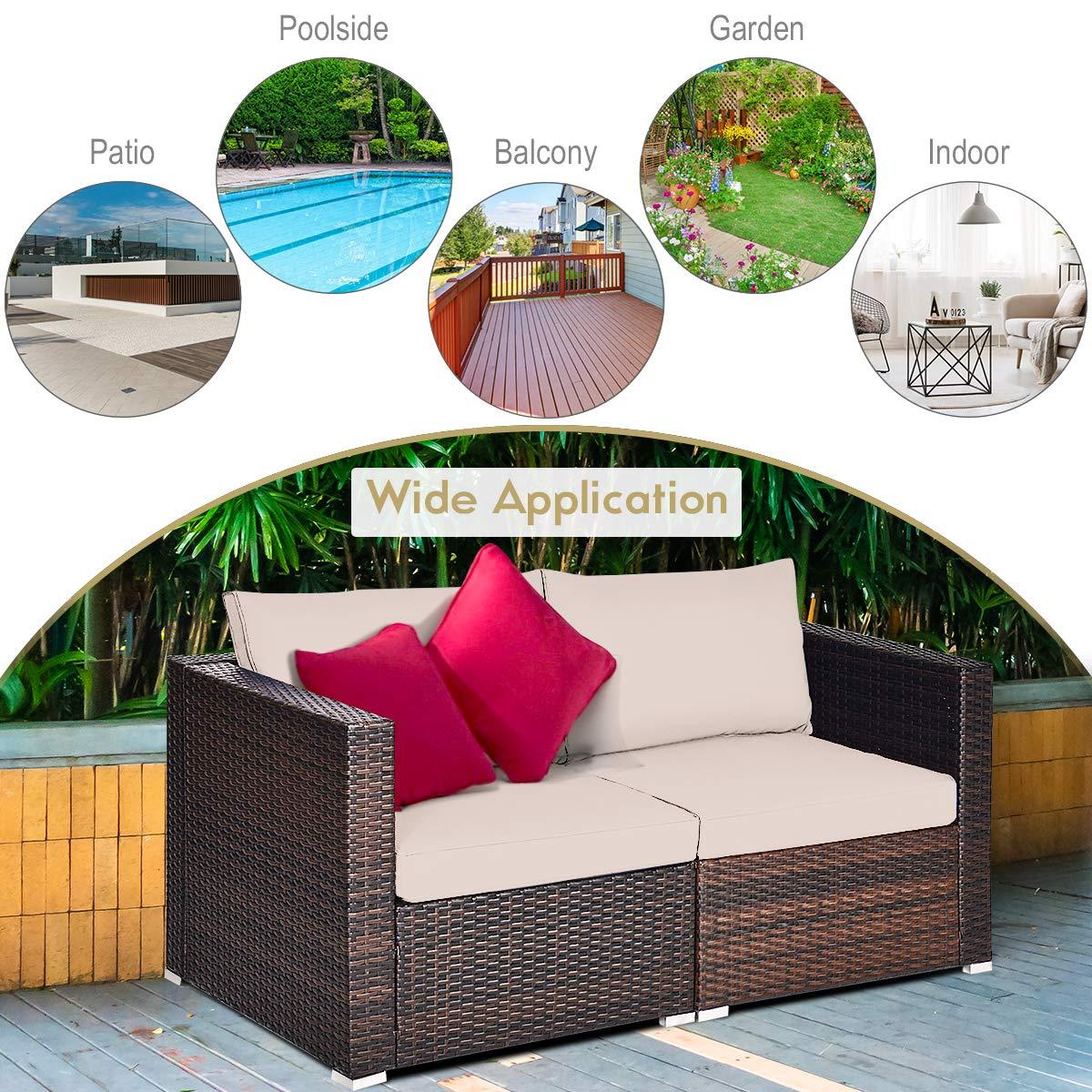 Tangkula 2PCS Rattan Corner Sofa Set Patio Outdoor Furniture Set w/ 4 Beige Cushions