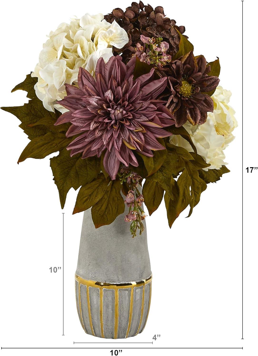 Nearly Natural Peony, Hydrangea and Dahlia Artificial Arrangement in Stoneware Vase
