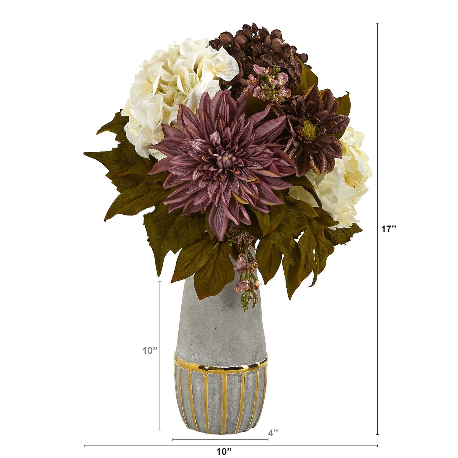 Nearly Natural Peony, Hydrangea and Dahlia Artificial Arrangement in Stoneware Vase
