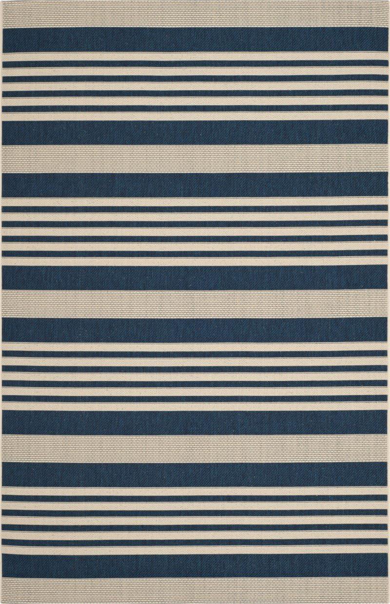 SAFAVIEH Courtyard Caroline Striped Indoor/Outdoor Area Rug, 6'7" x 9'6", Navy/Beige