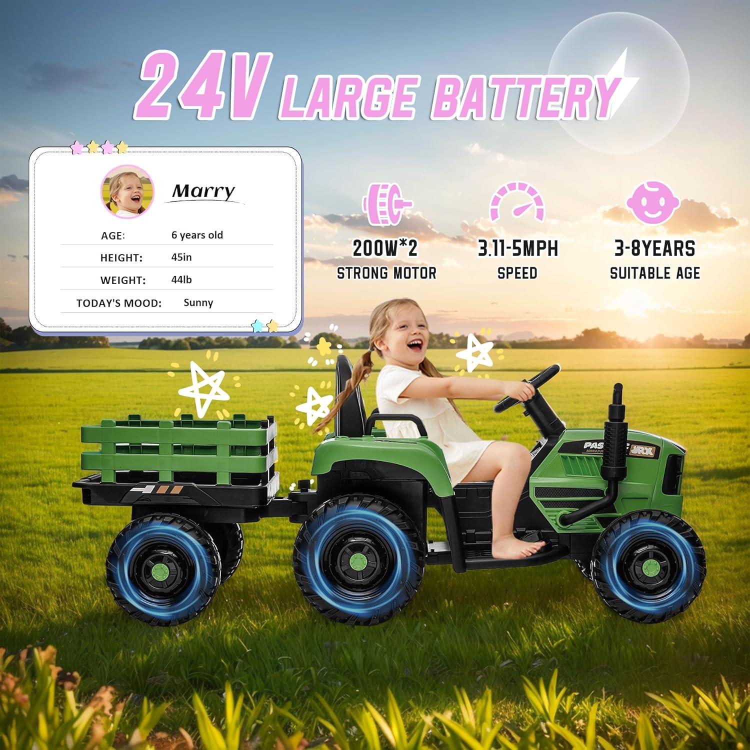 24V 400W Powered Electric Tractor for Kids, 3-Speed Ride On Tractor with Remote Control, USB/MP3/Bluetooth, LED Lights, Safety Belt, 1.86-4.97 MPH，Green