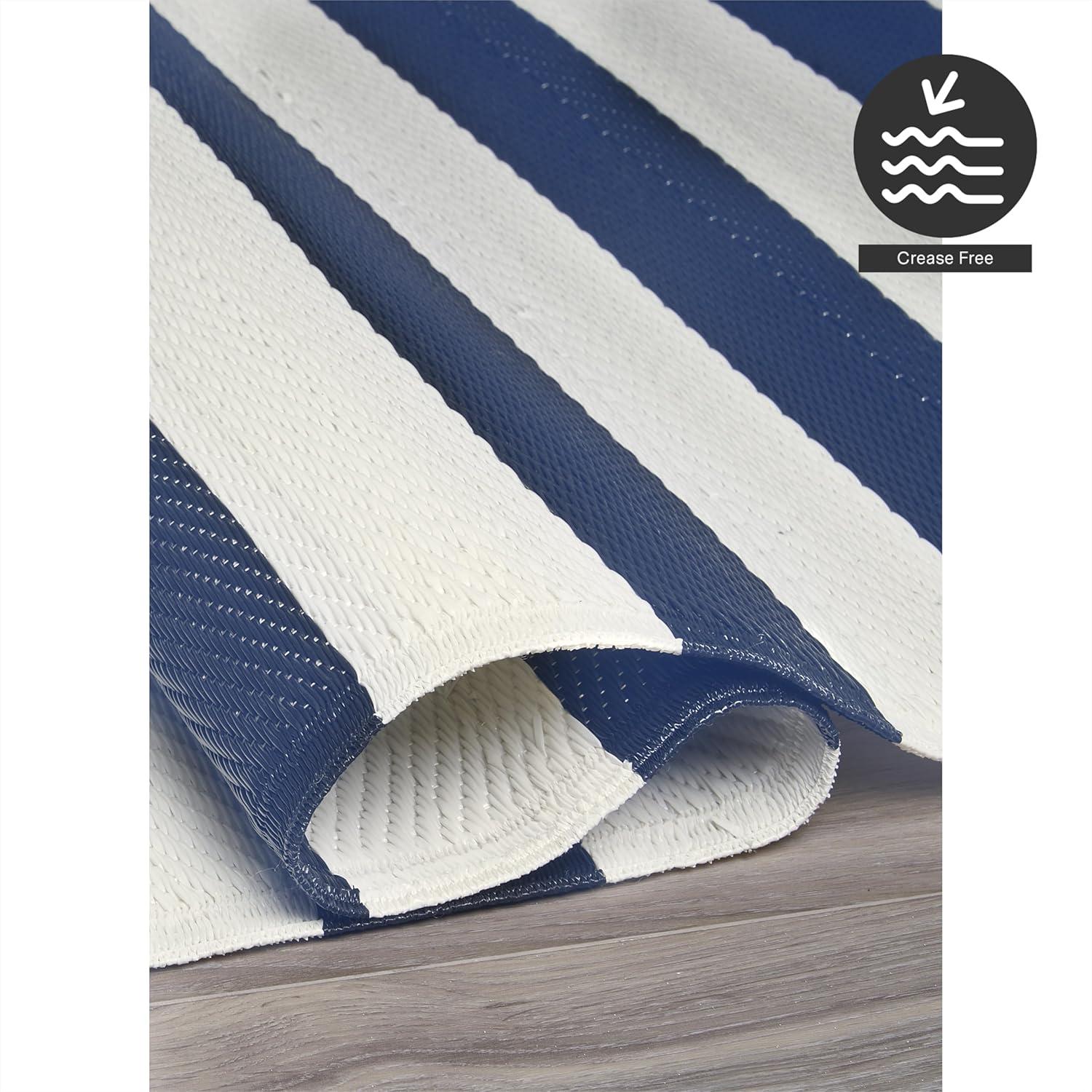 FH Home Outdoor Rug - Waterproof, Fade Resistant, Crease-Free - Premium Recycled Plastic - Striped - Patio, Deck, Porch, Balcony, Laundry Room - Brittany Stripe - Blue & White - 4 x 6 ft