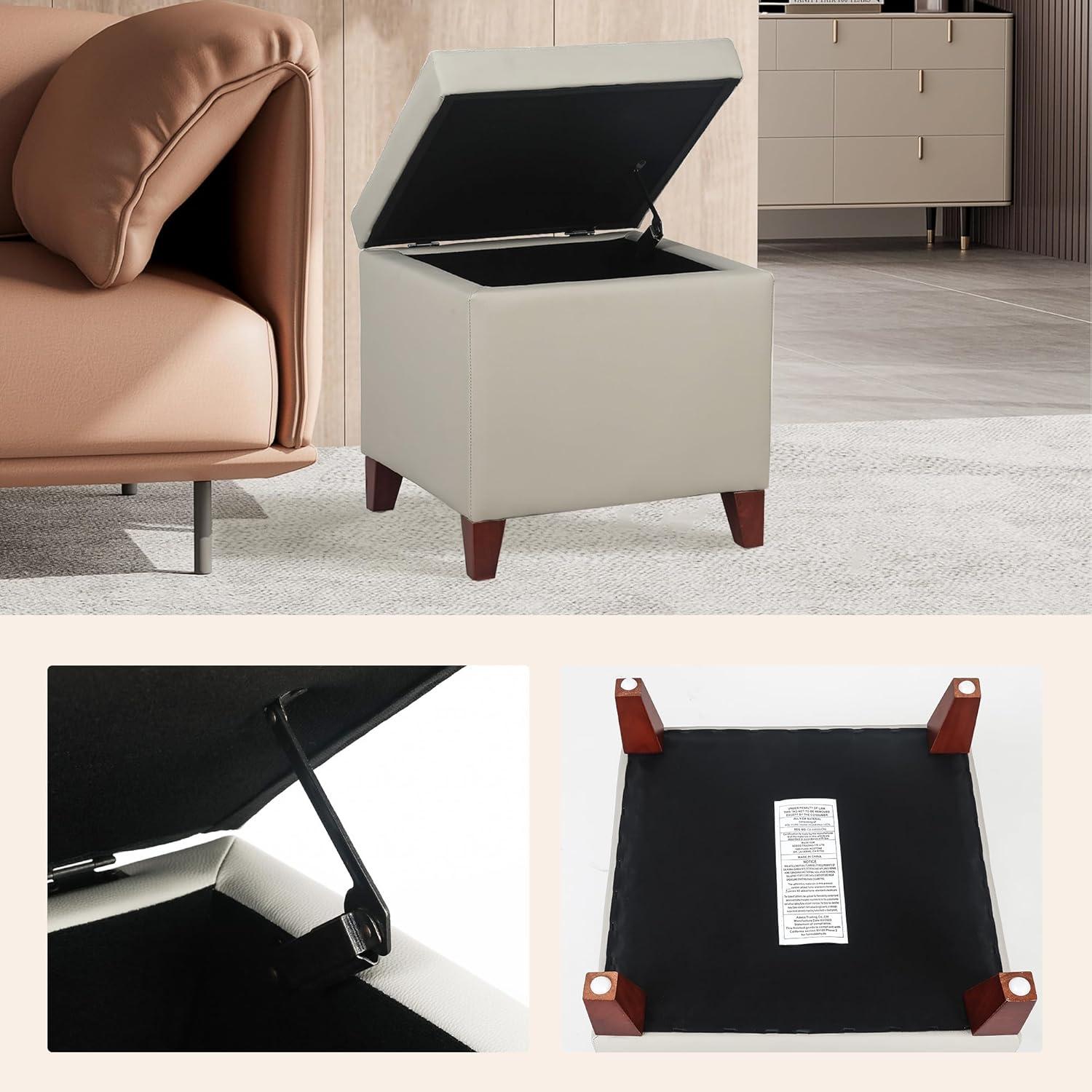 Elephant Grey Faux Leather Tufted Storage Ottoman with Cherry Wood Legs