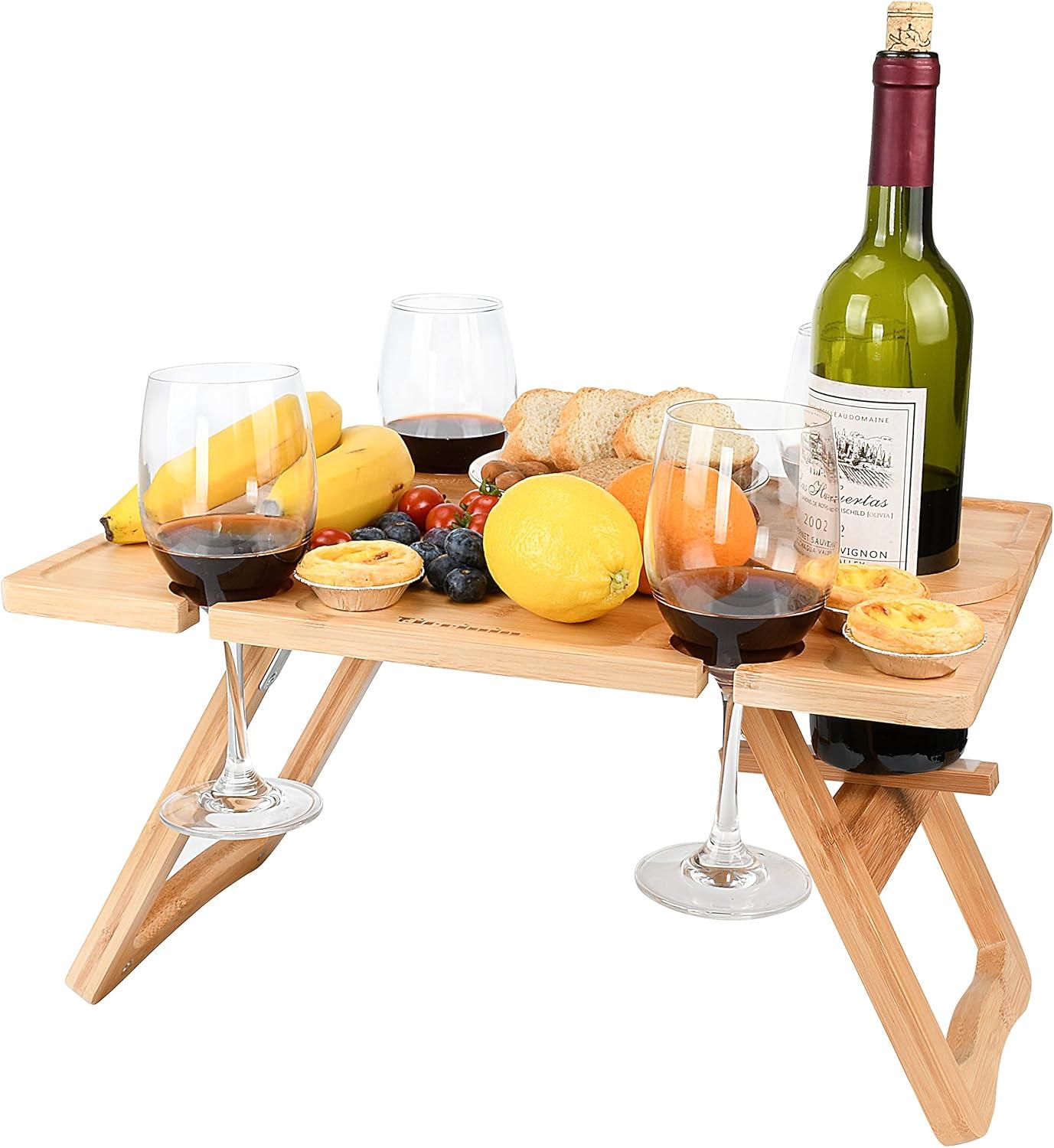 Tirrinia Bamboo Wine Picnic Table, Ideal Wine Lover Gift, Large Folding Portable Outdoor Snack & Cheese Tray for Concerts at Park, Beach