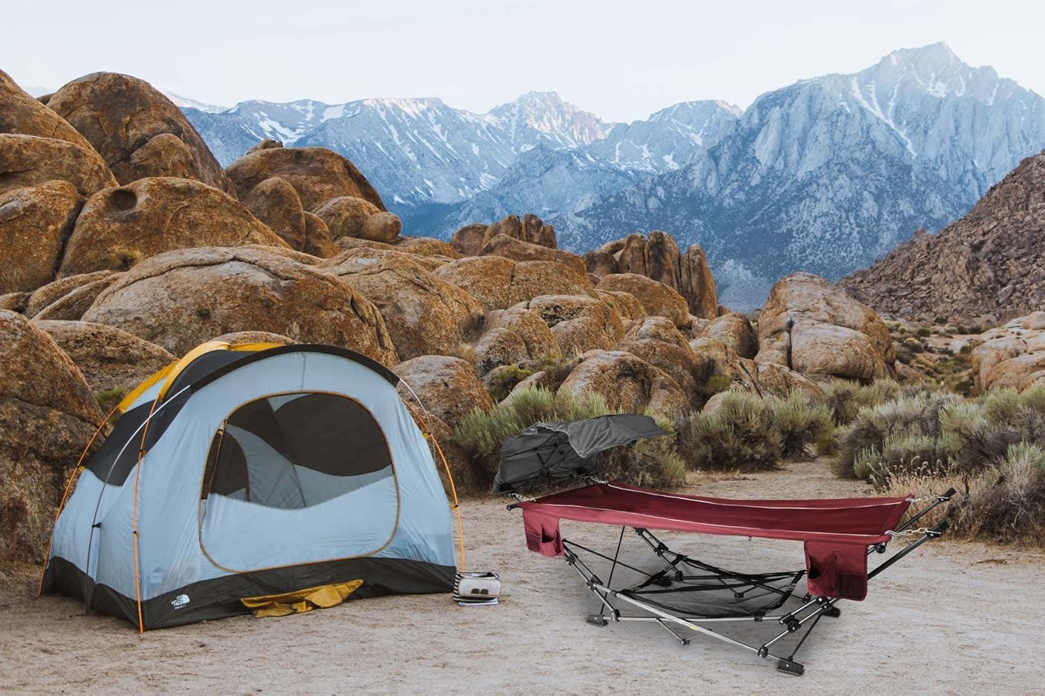 Red Folding Metal Framed Hammock with Retractable Canopy