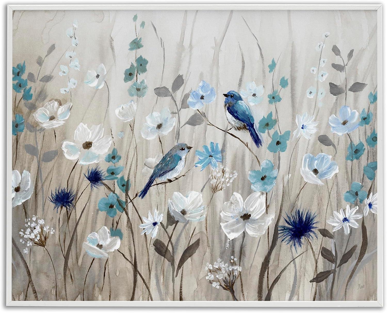 Stupell Birds in Meadow Blue Blossoms White Framed Giclee, 11 x 14